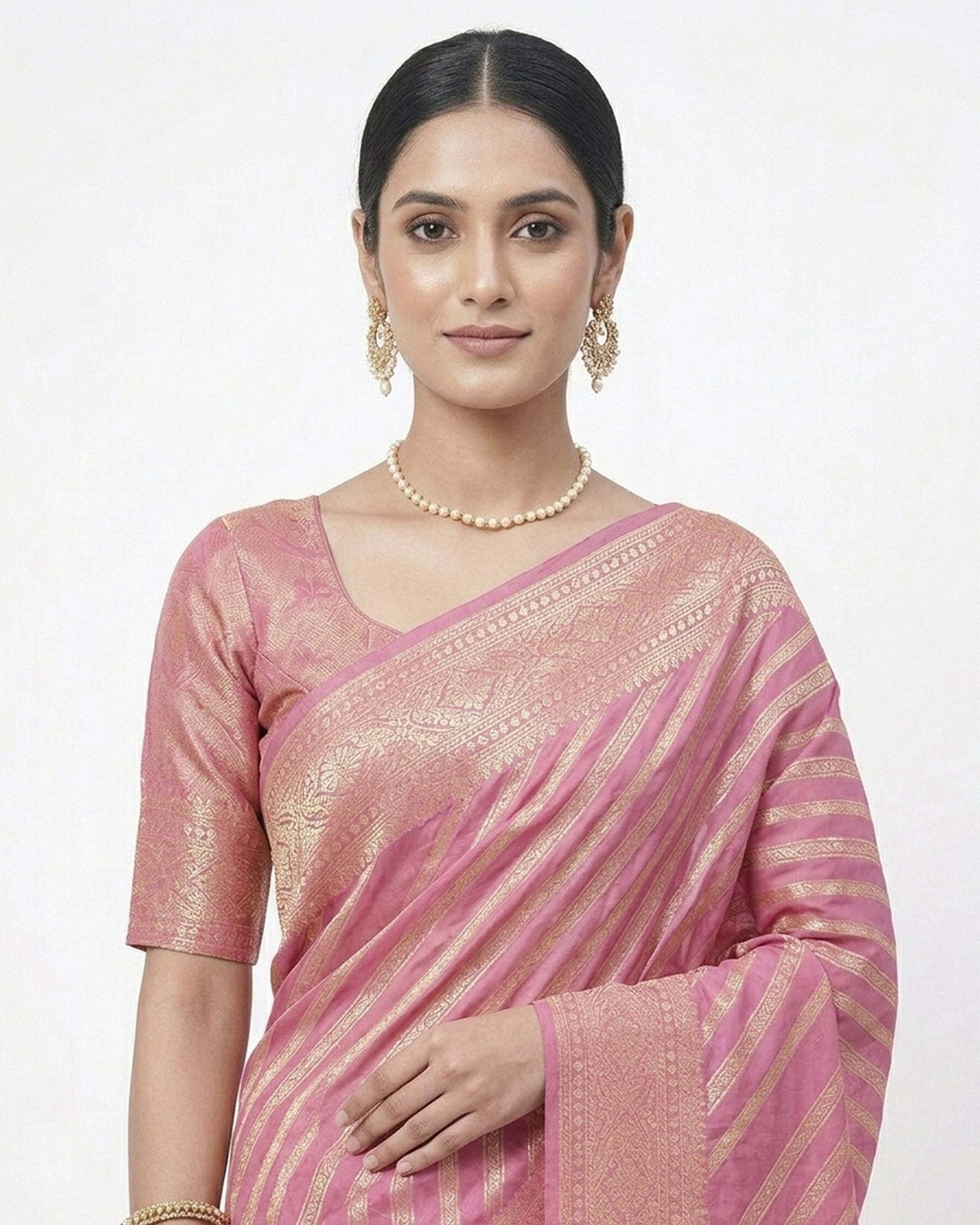 Pink & Gold-Toned Striped Zari Banarasi Silk Saree
