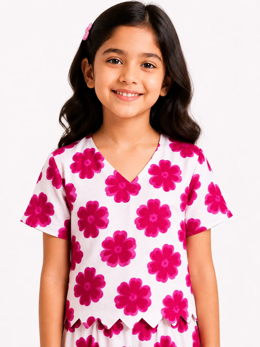 Girls Pink Floral Print Co-ord Set Scallop Hem V-Neck Top & Wide-Leg Trousers
