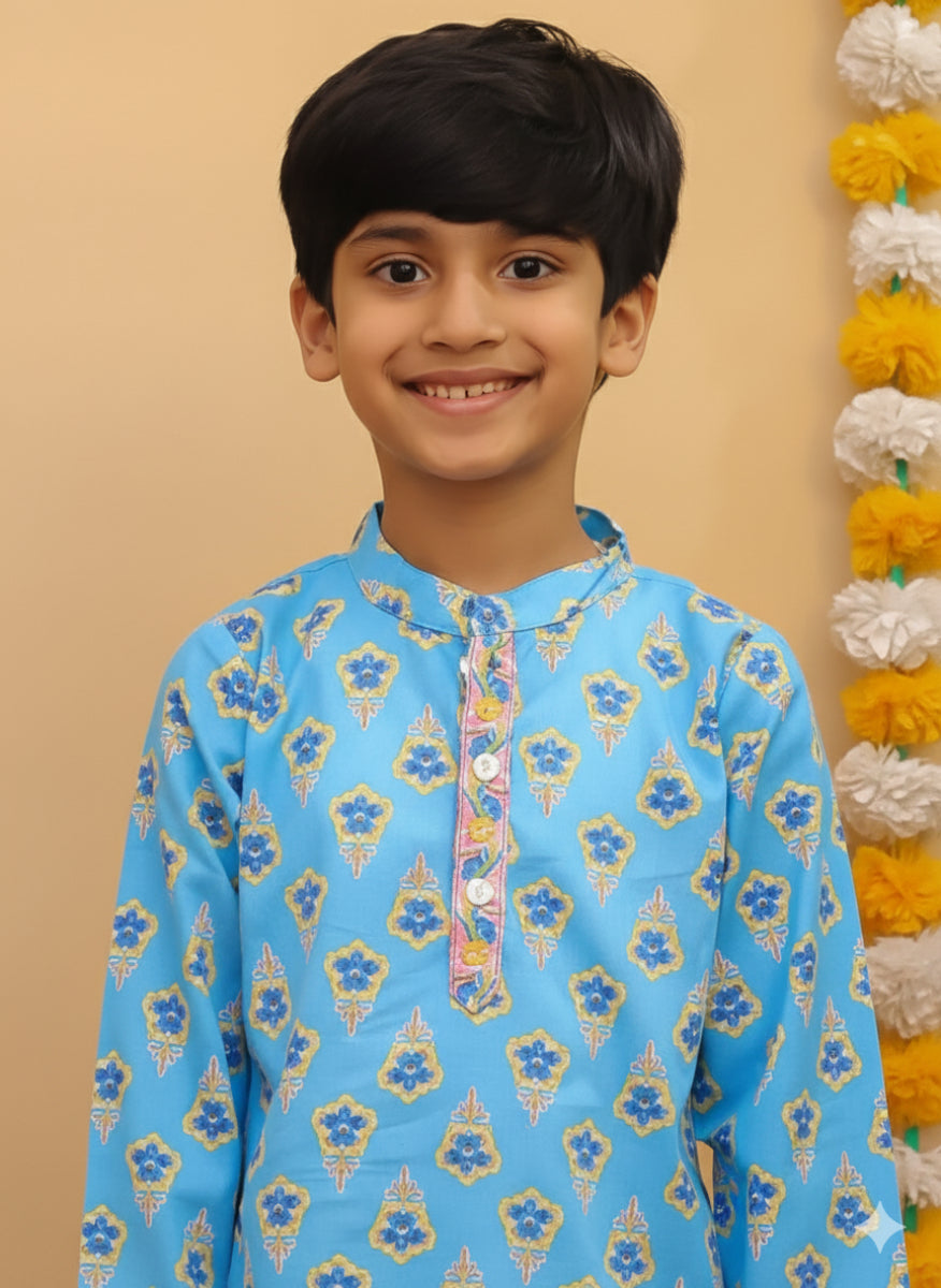 Boys' Cotton Floral Print Kurta Pajama Set | Sky Blue Ethnic Wear for Kids | Traditional Festive & Party Wear Outfit