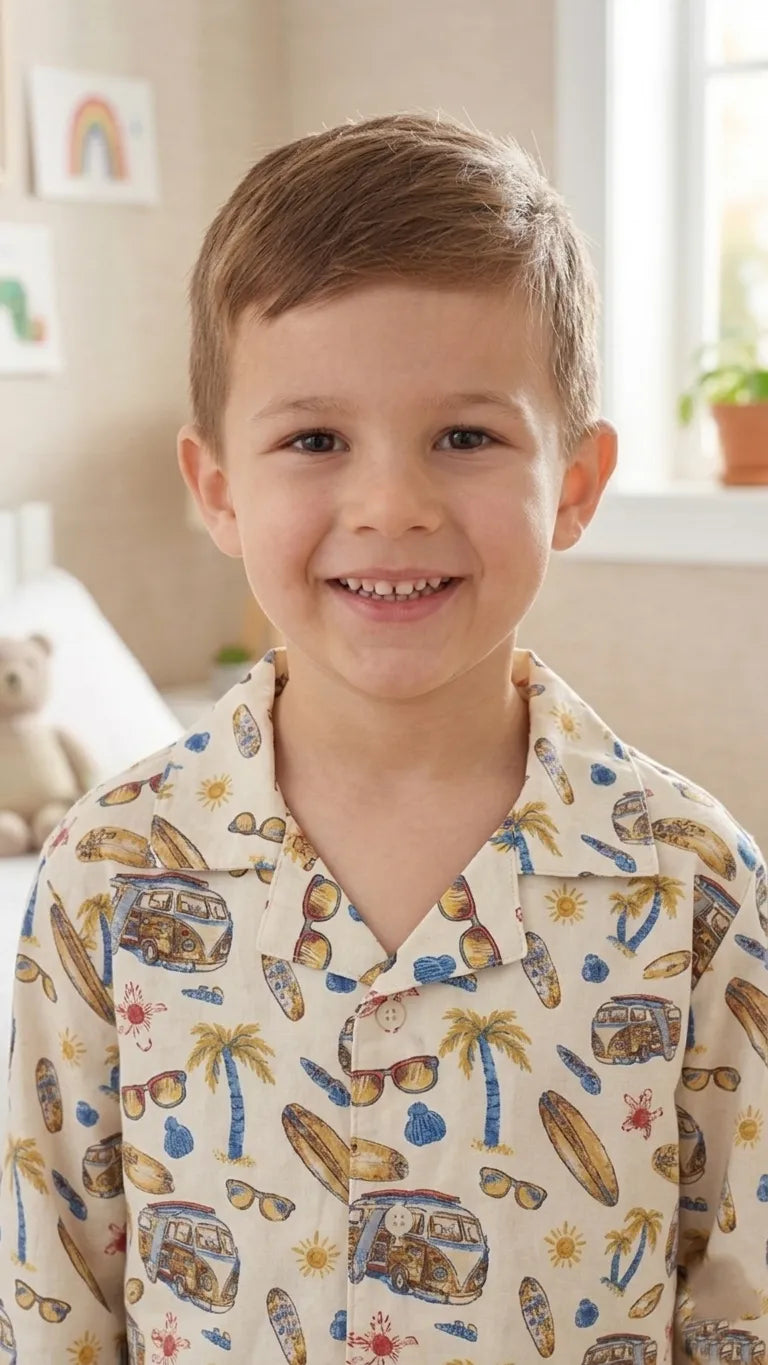 Tropical Surf & Camper Print Cotton Night Suit