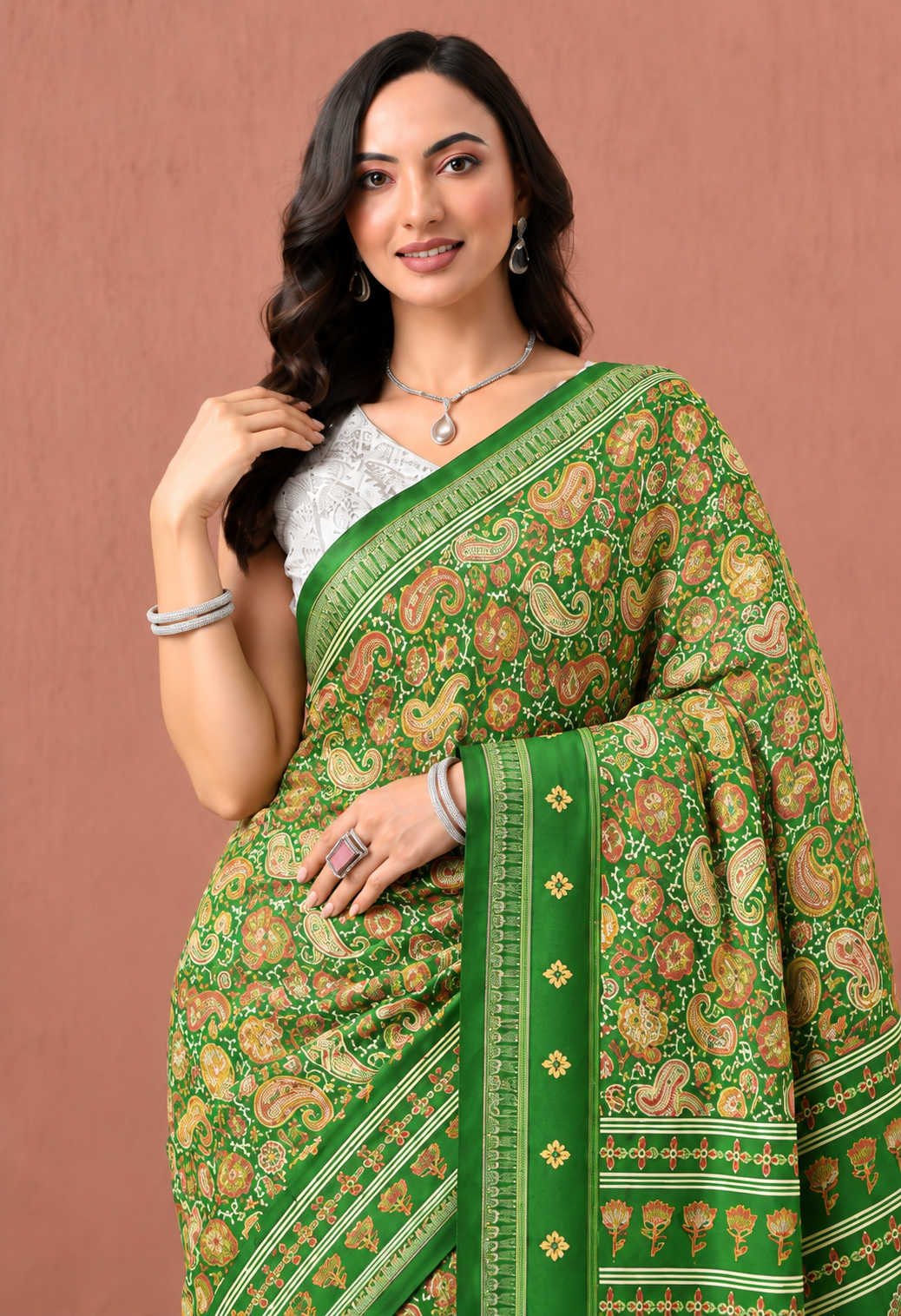 Elegant Green Georgette Saree with Intricate Floral Print and Traditional Border