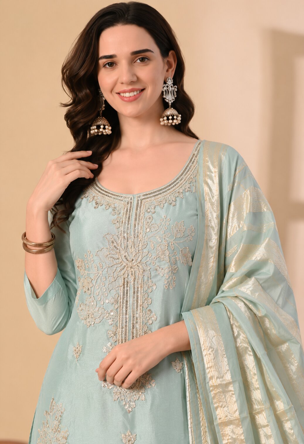 Pastel Blue Chanderi Silk Embroidered Suit Set with Organza Dupatta
