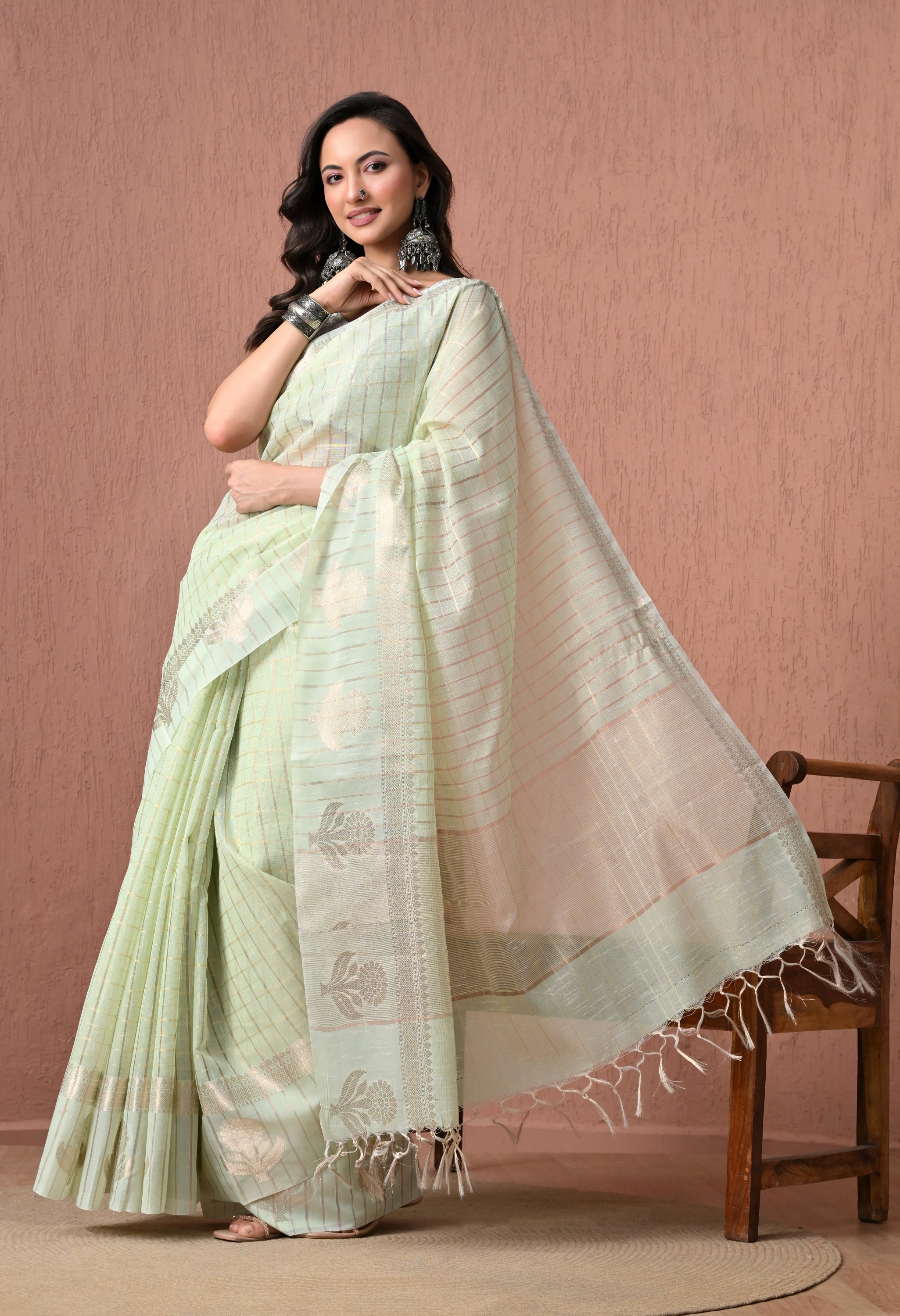 Pure Cotton Saree in Pastel Mint Green with Silver Zari Checked Pattern and Floral Pallu