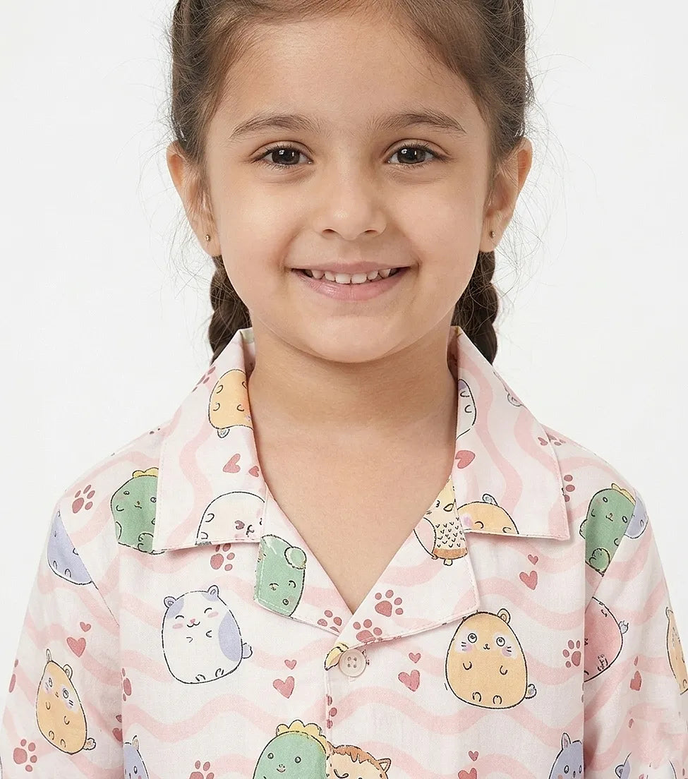Girls Whimsical Animal & Wave Print Premium Satin Night Suit – Full Sleeve Shirt & Pajama Set