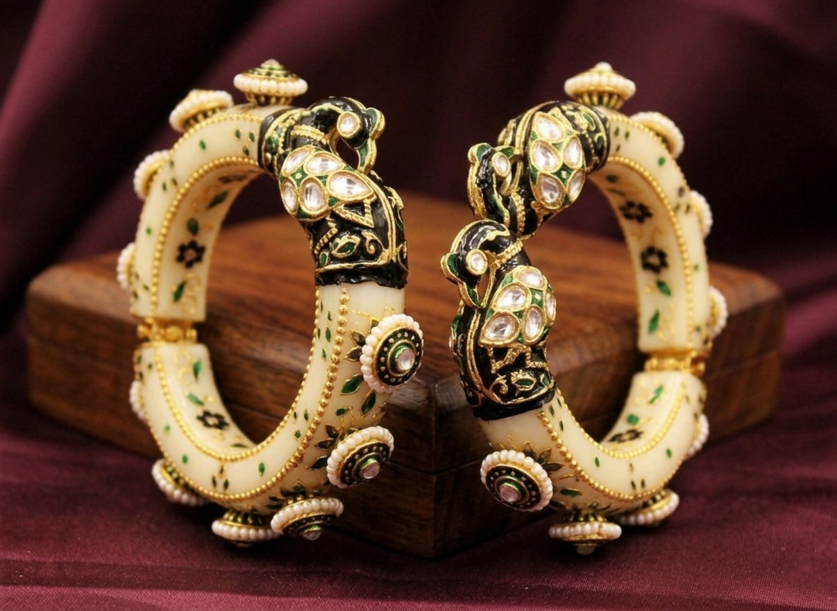 Golden Yellow  & Off-White Peacock Kada with Pearl Droplets