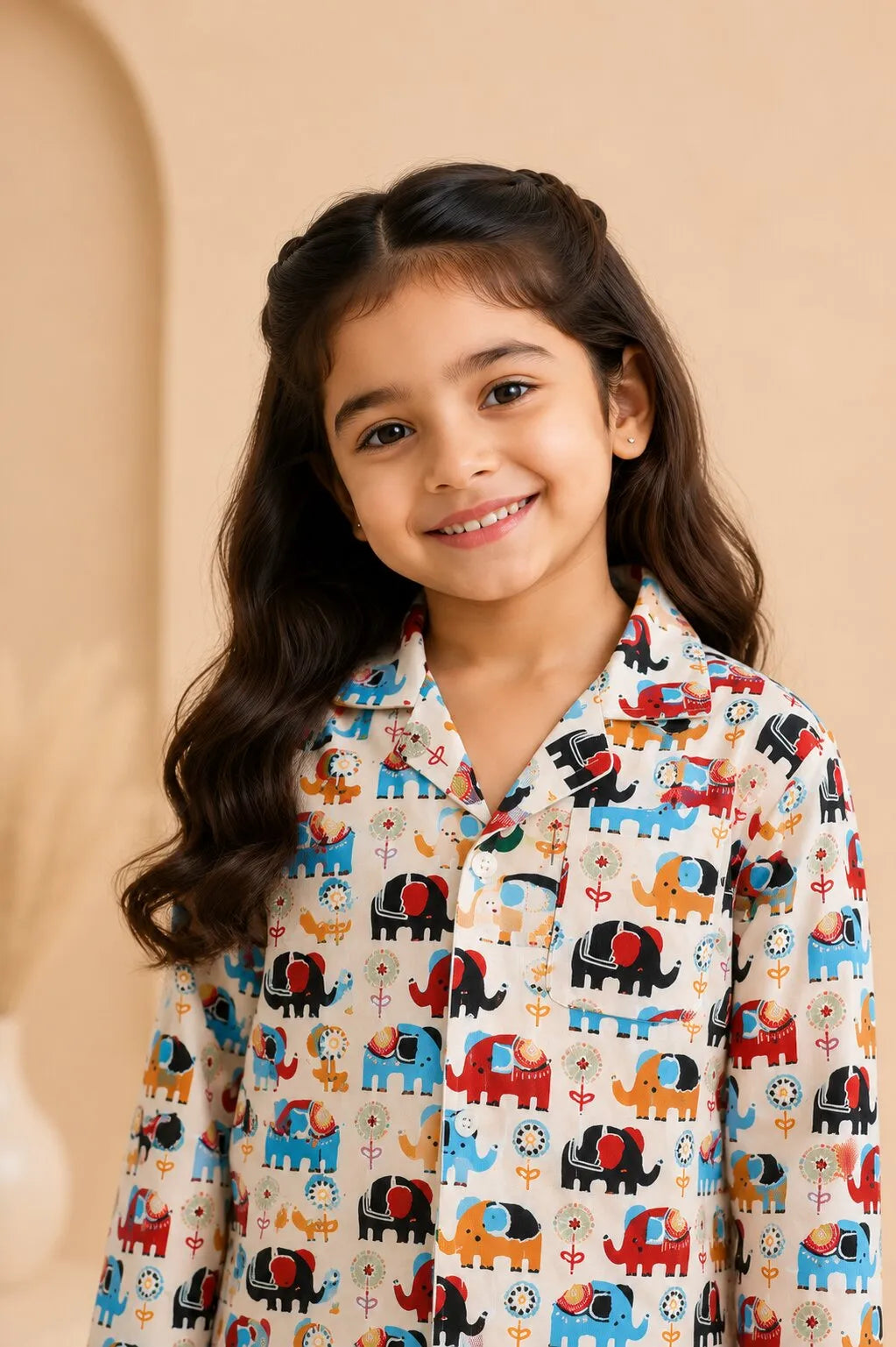Kids' Elephant Print Cotton Girls Night Suit