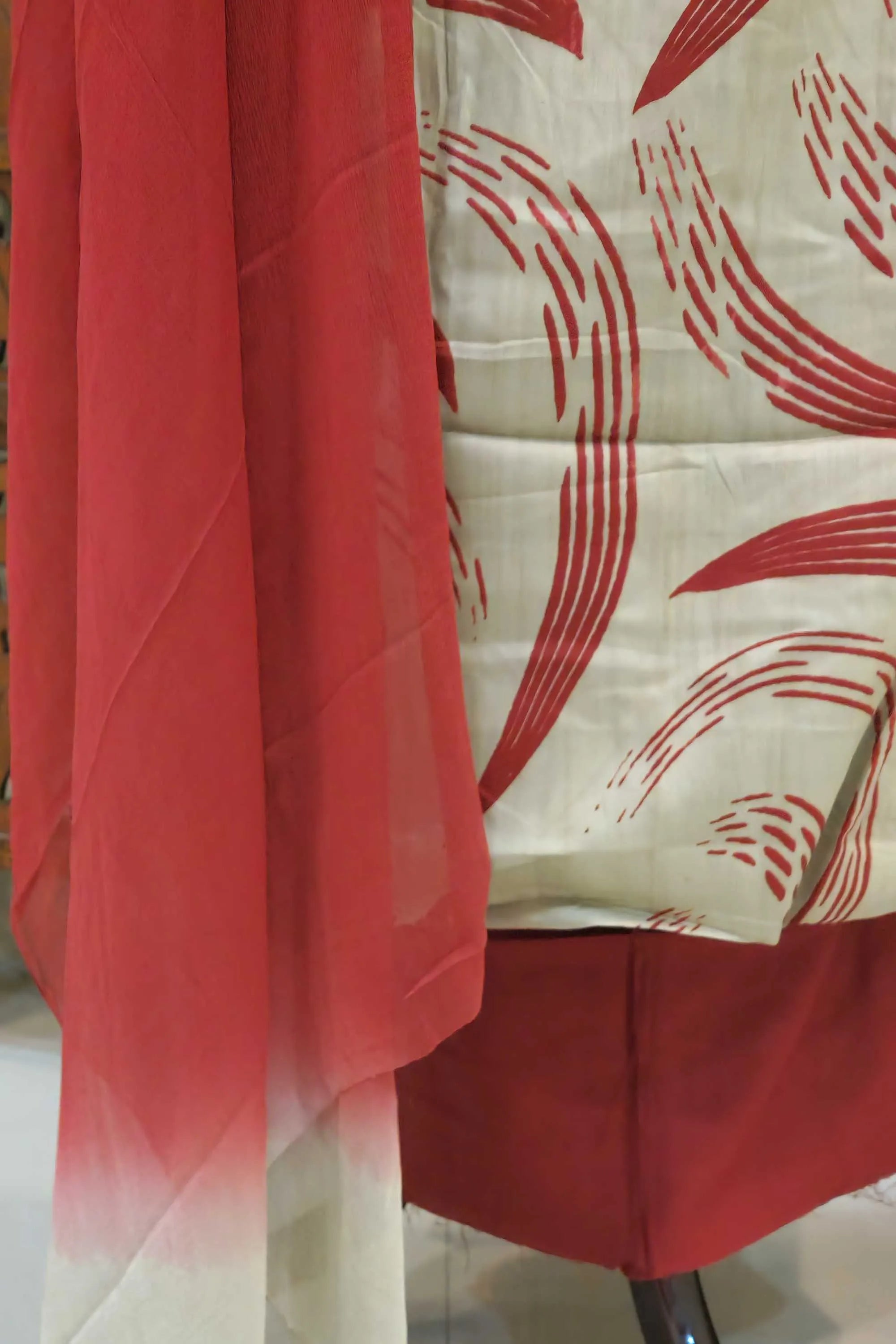 Women Cream & Red Printed Unstitched Cotton Dress Material with Embroidered Neckline