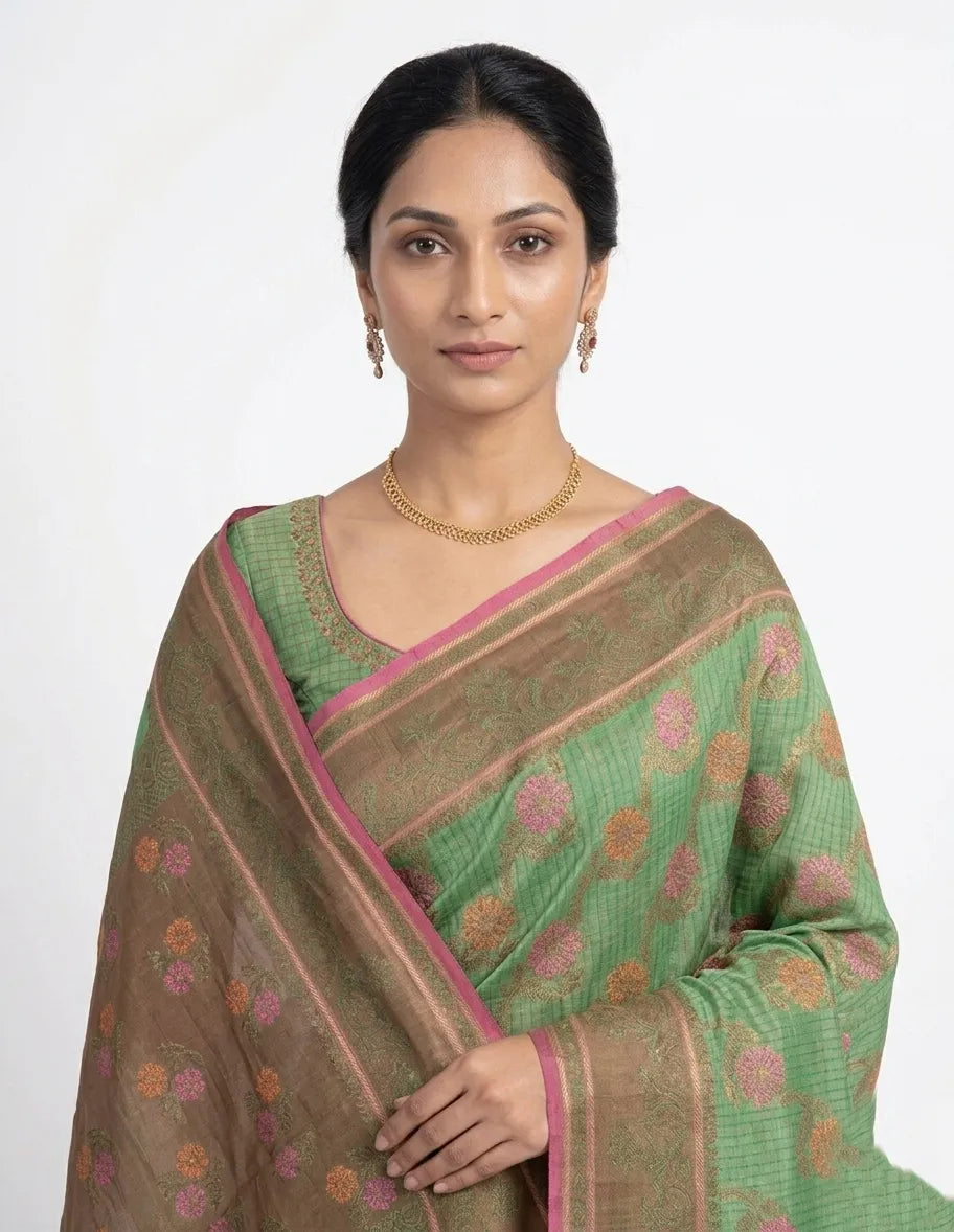 Sea Green & Brown Checked Silk Blend Saree with Floral Woven Butis