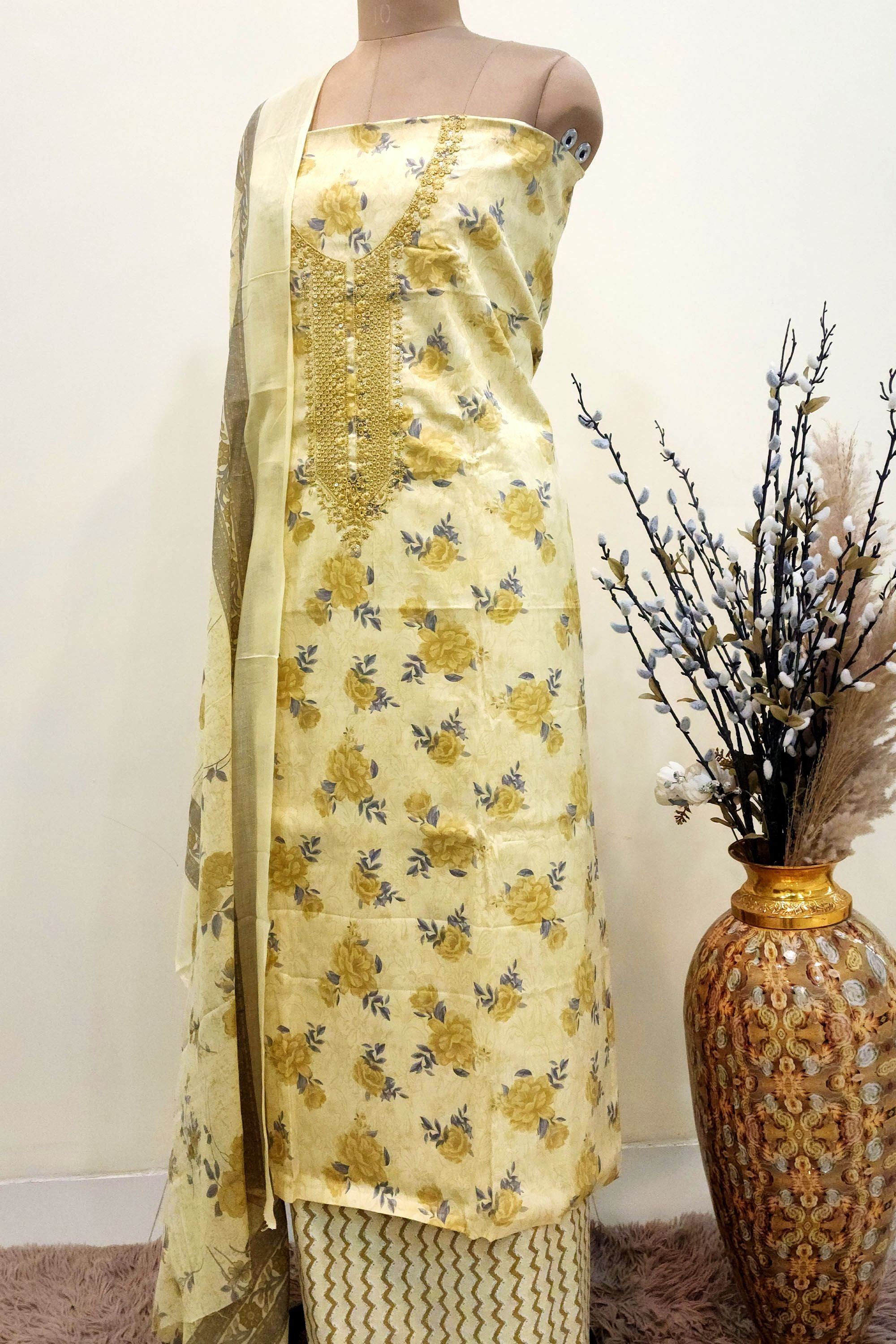 Women's Yellow Floral Printed Cotton Unstitched Suit Set