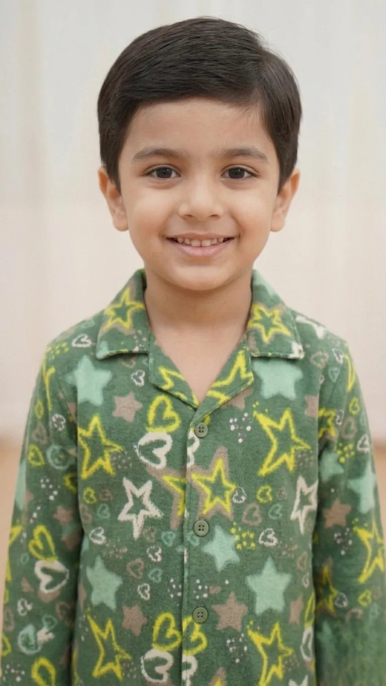 Boys Olive Green & Yellow Star Printed Pure Cotton Night Suit
