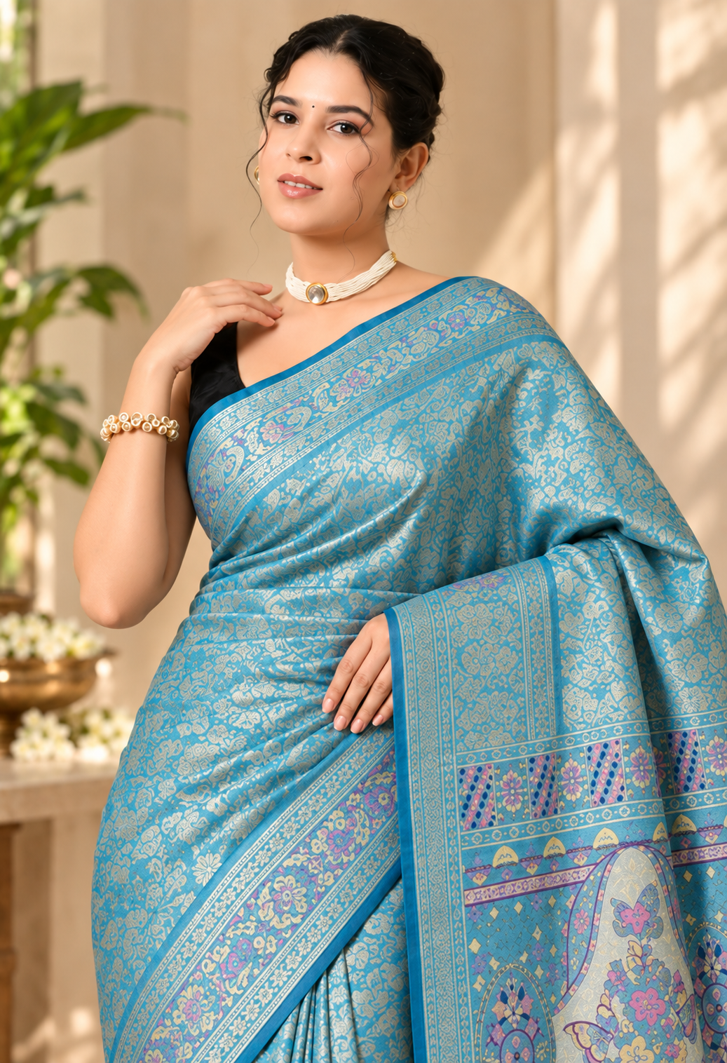 Elegant Blue Printed Saree with Floral Pallu & Tassel Detailing