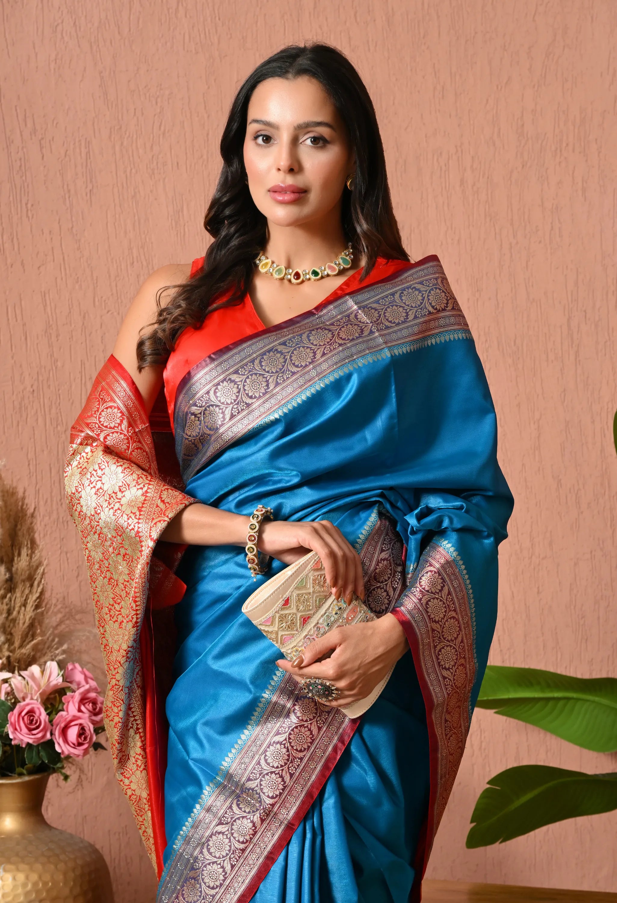 Regal Blue and Red Banarasi Style Silk Blend Saree