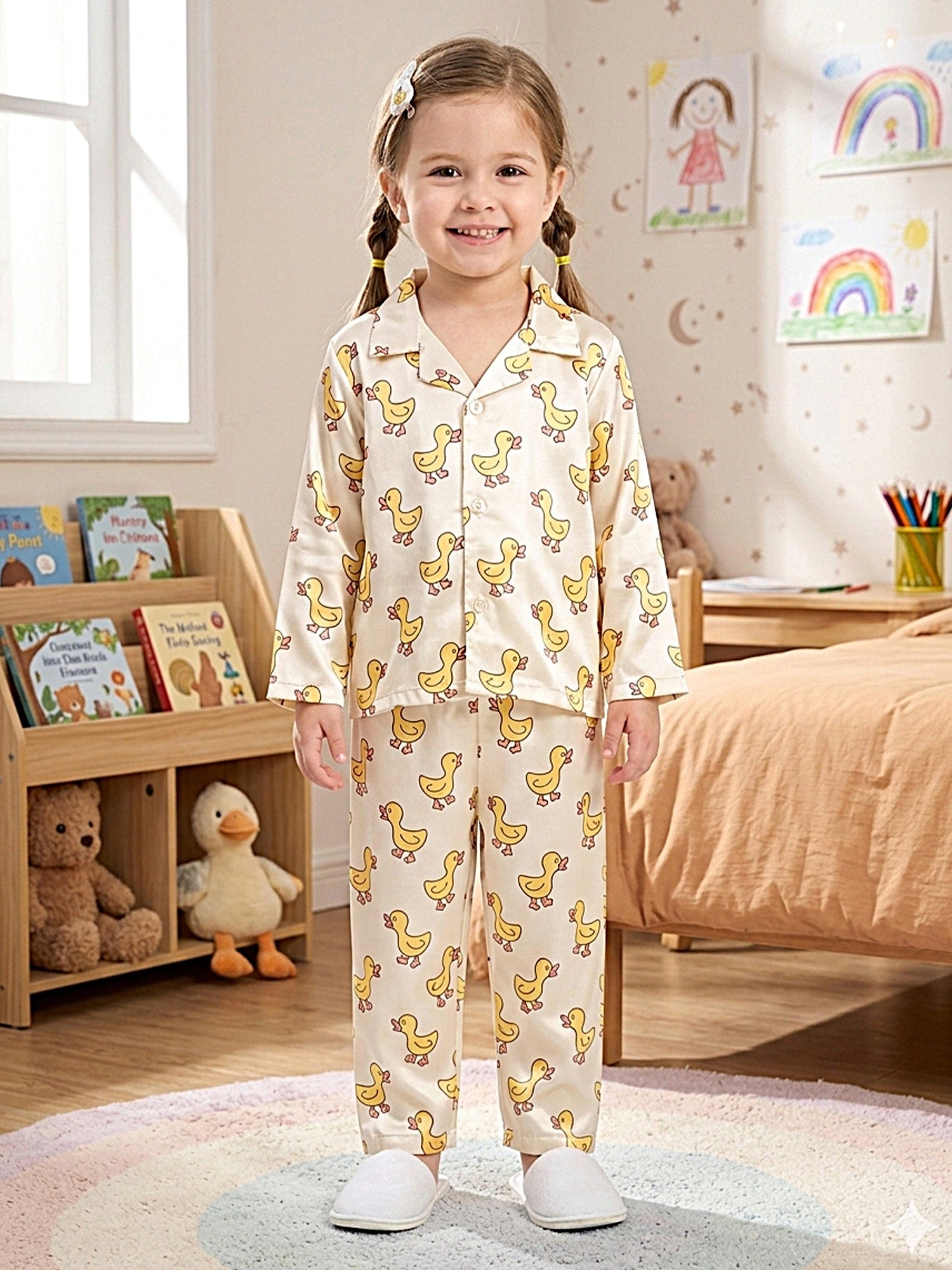 Girls Off-White & Yellow Satin Duck Printed Nightsuit
