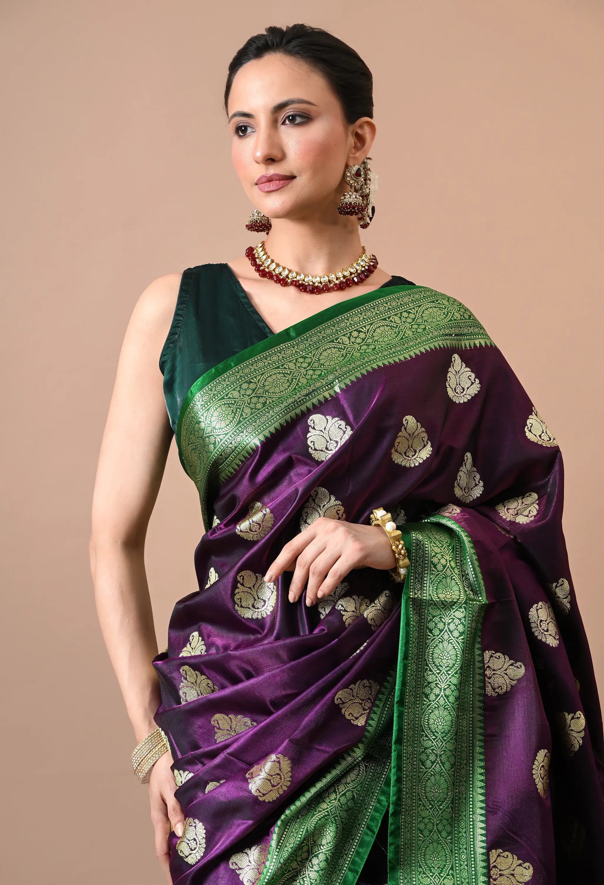 Women Deep Purple & Green Woven Design Silk Blend Banarasi Saree