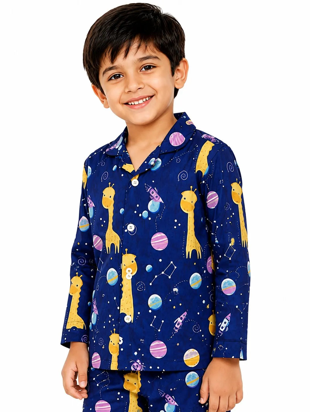 Kids Boys Navy Blue & Yellow Giraffes in Space Printed Night Suit