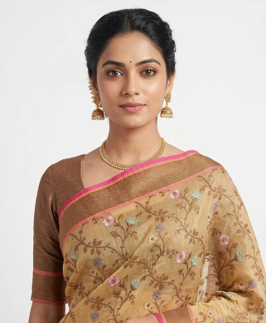 Brown Geometric Woven Design Silk Blend Saree