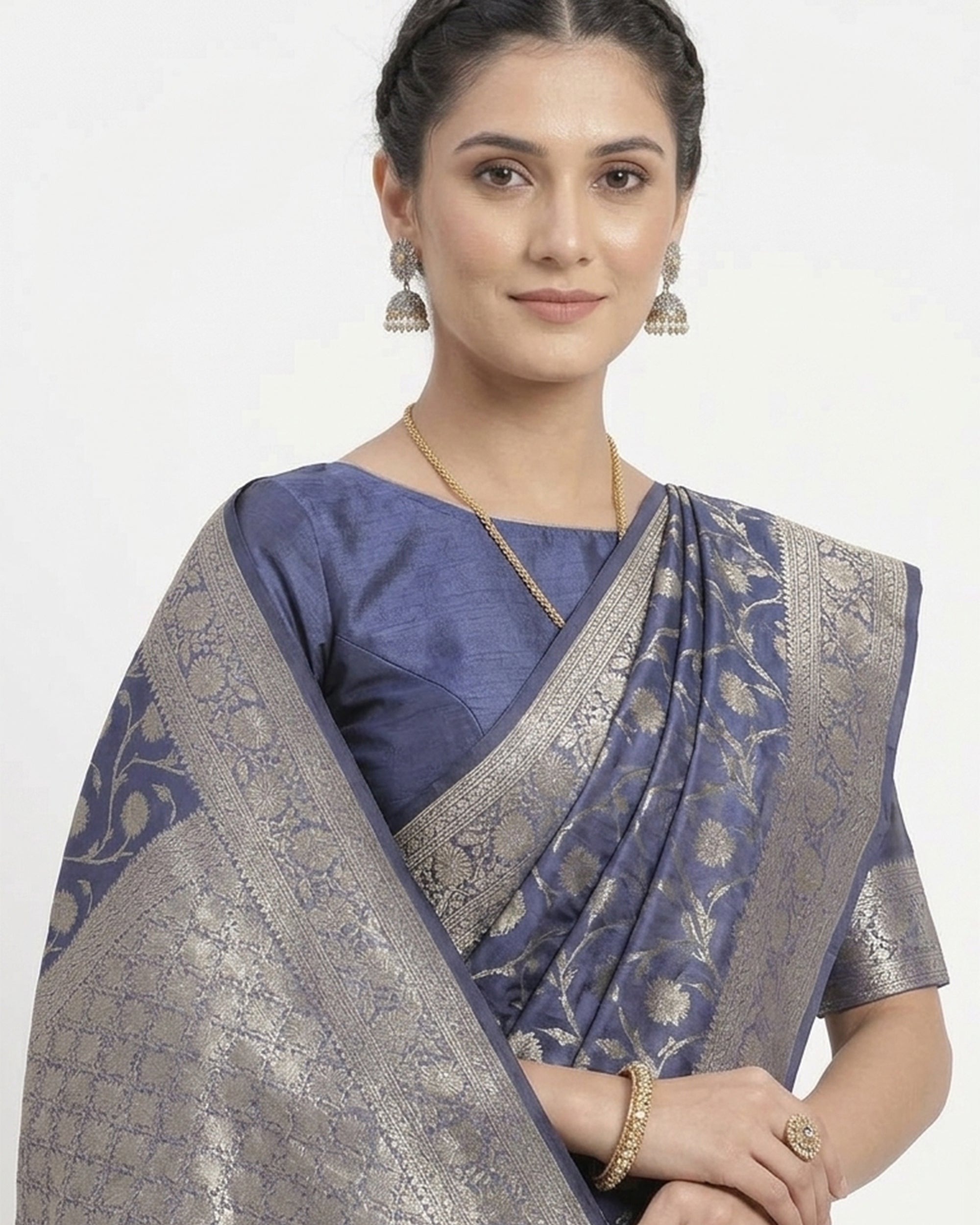 Navy Blue & Silver-Toned Silk Blend Floral Zari Woven Banarasi Saree