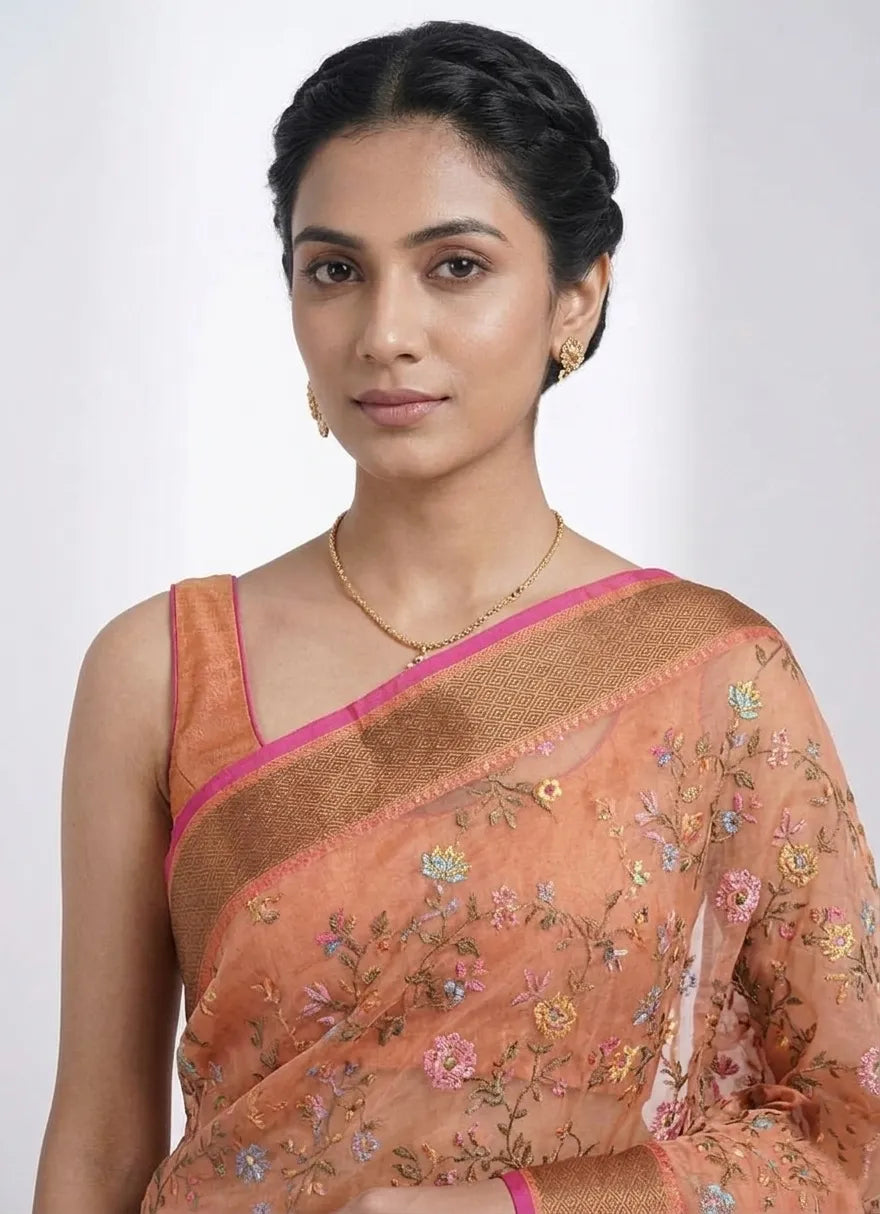 Orange & Bronze Toned Floral Organza Saree with Zari Border