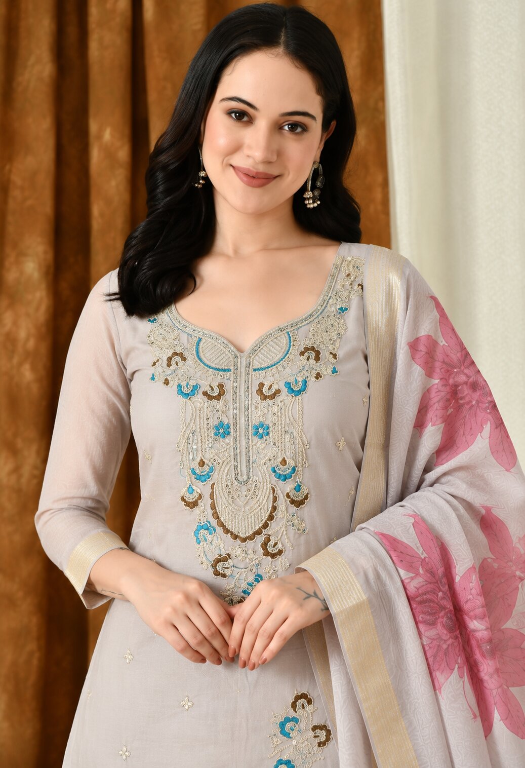 Chanderi Silk Embroidered Suit Set with Organza Dupatta