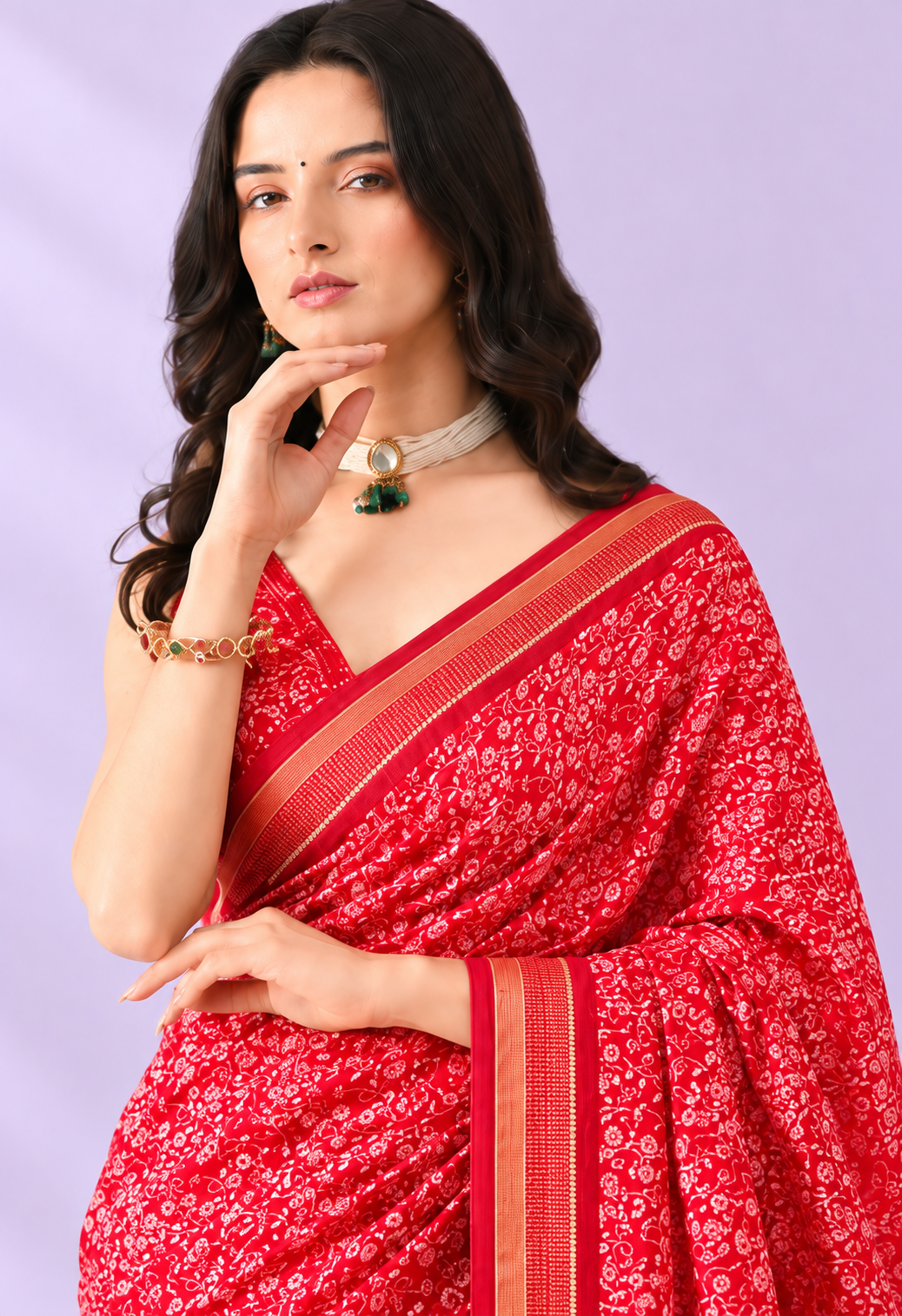 Elegant Red Chiffon Saree with Delicate Floral Print and Traditional Border