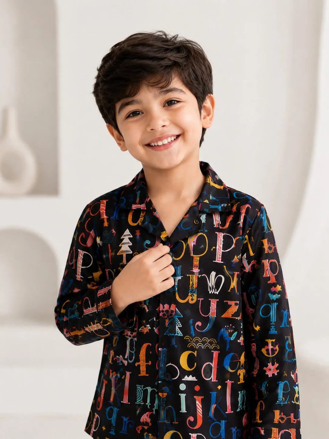 Boys Black Alphabet Print Nightsuit - Full Sleeves Shirt & Pyjamas Set