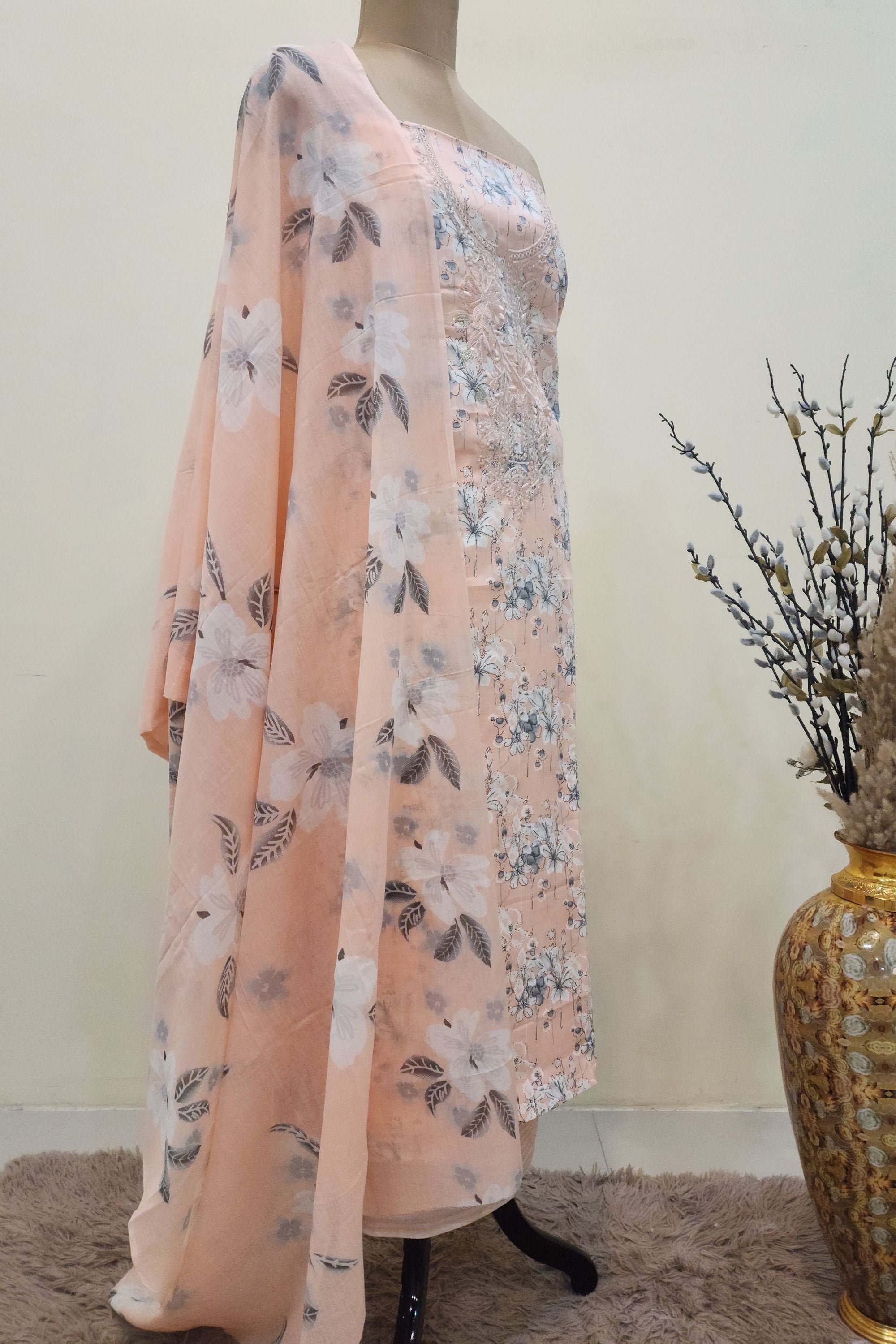 Women's Pure Cotton Peach Floral Print Unstitched Suit Set