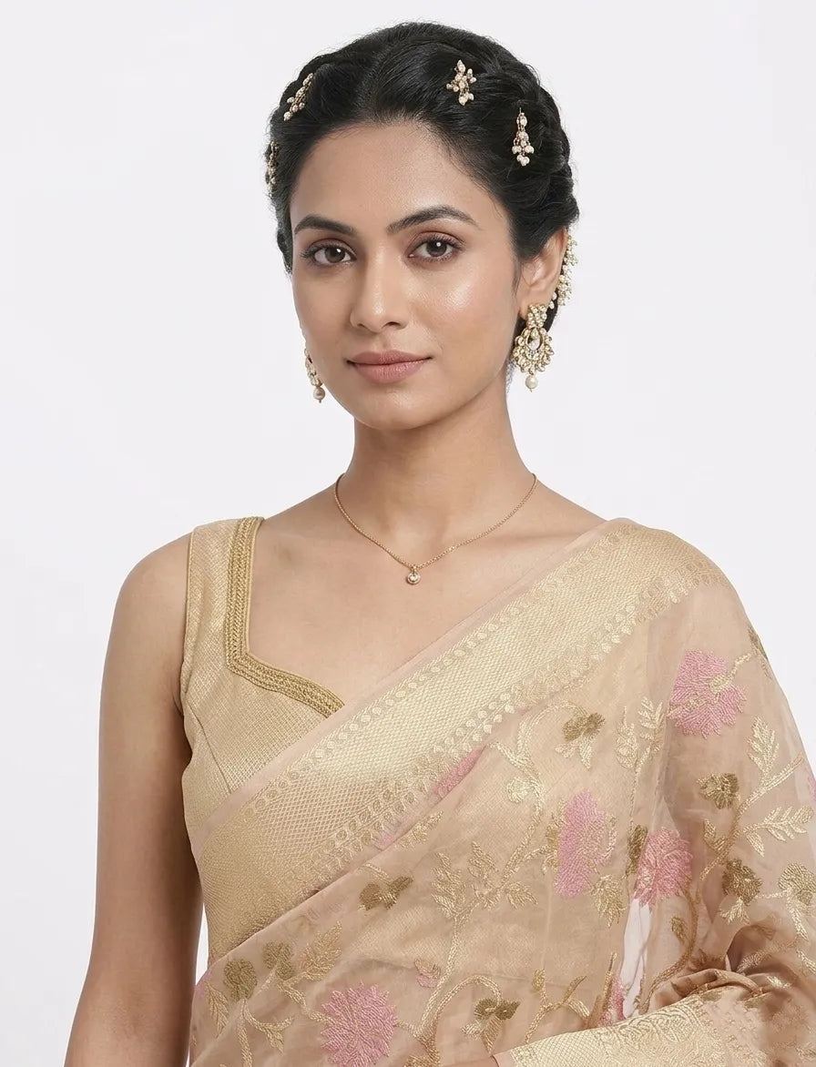 Beige & Pink Floral Banarasi Chanderi Saree with Zari Border
