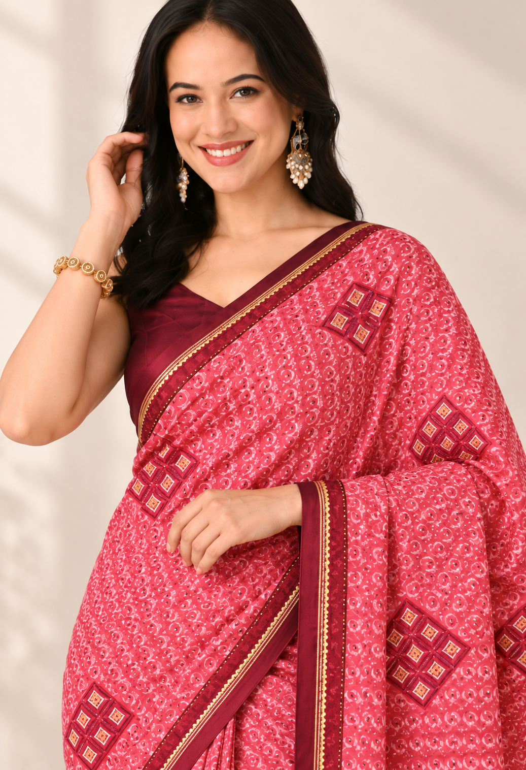Elegant Red Chiffon Saree with Geometric Printed Design