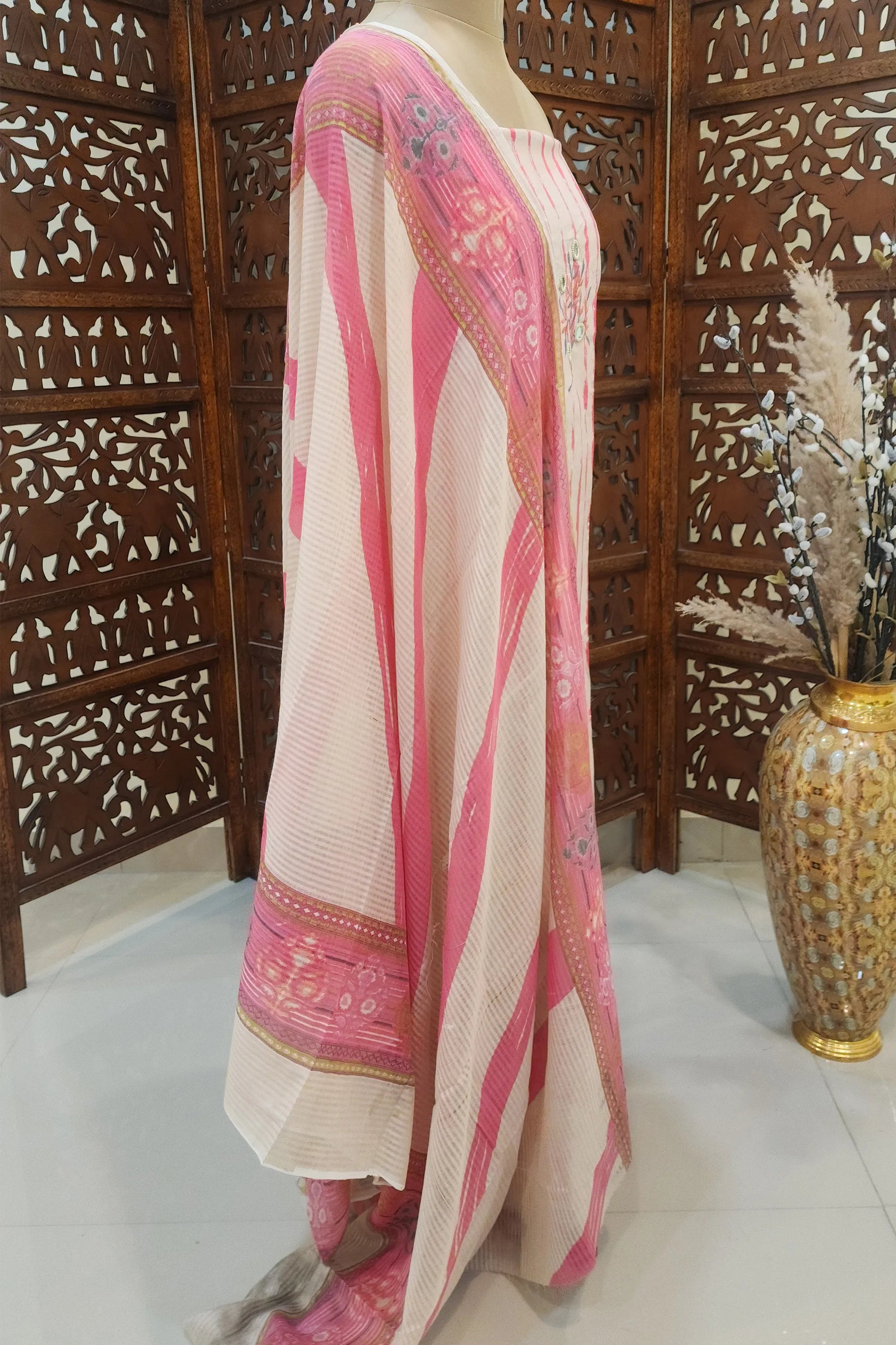 Women Off-White & Pink Printed Pure Cotton Unstitched Dress Material with Mirror Work