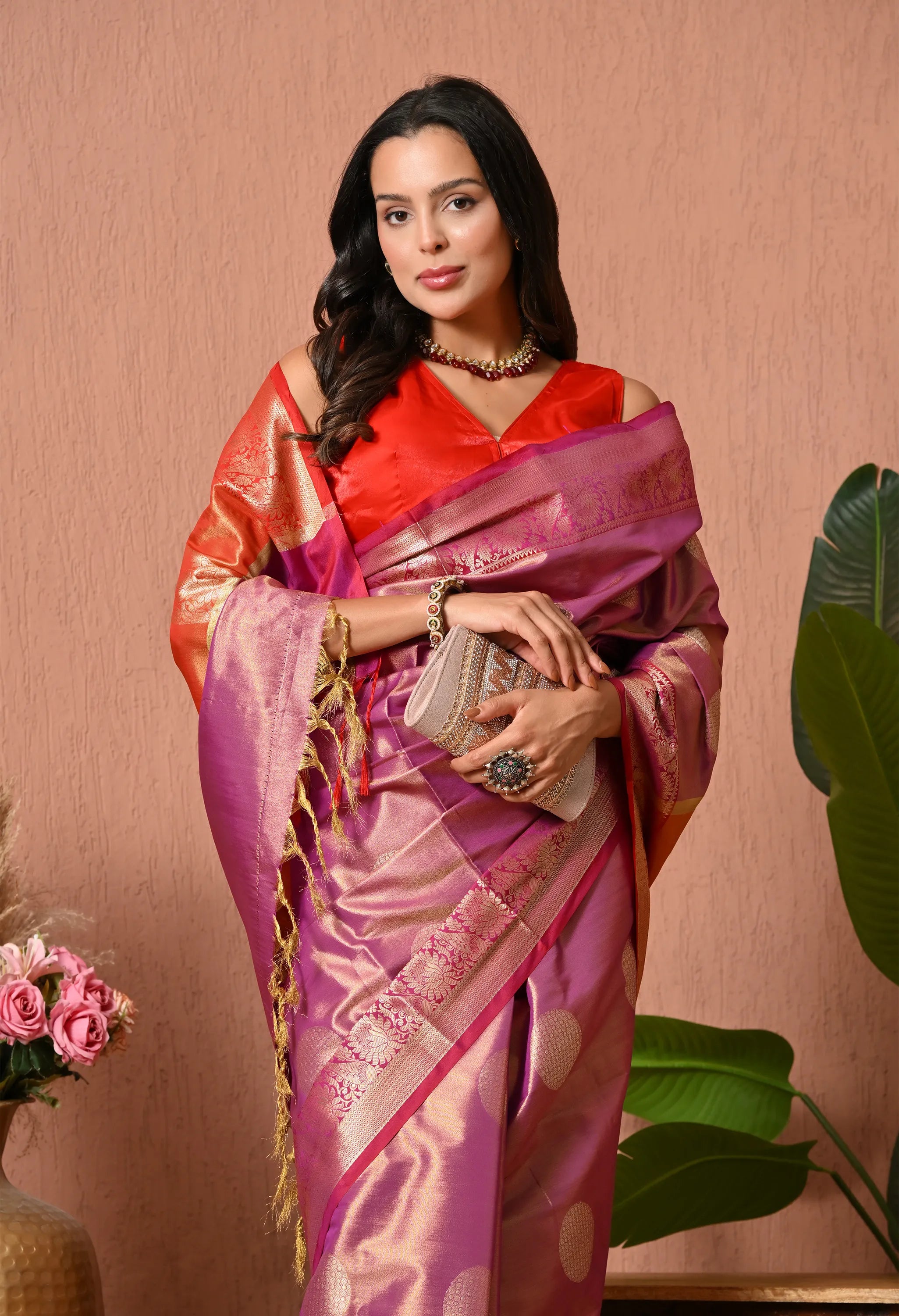 Orchid Mauve Silk Blend Saree with Multi-Colored Zari Pallu)