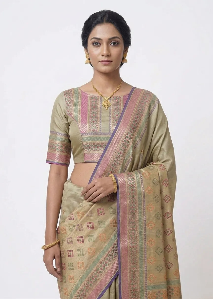 Olive Gold-Toned Silk Blend Saree with Multicolour Woven Border & Pallu