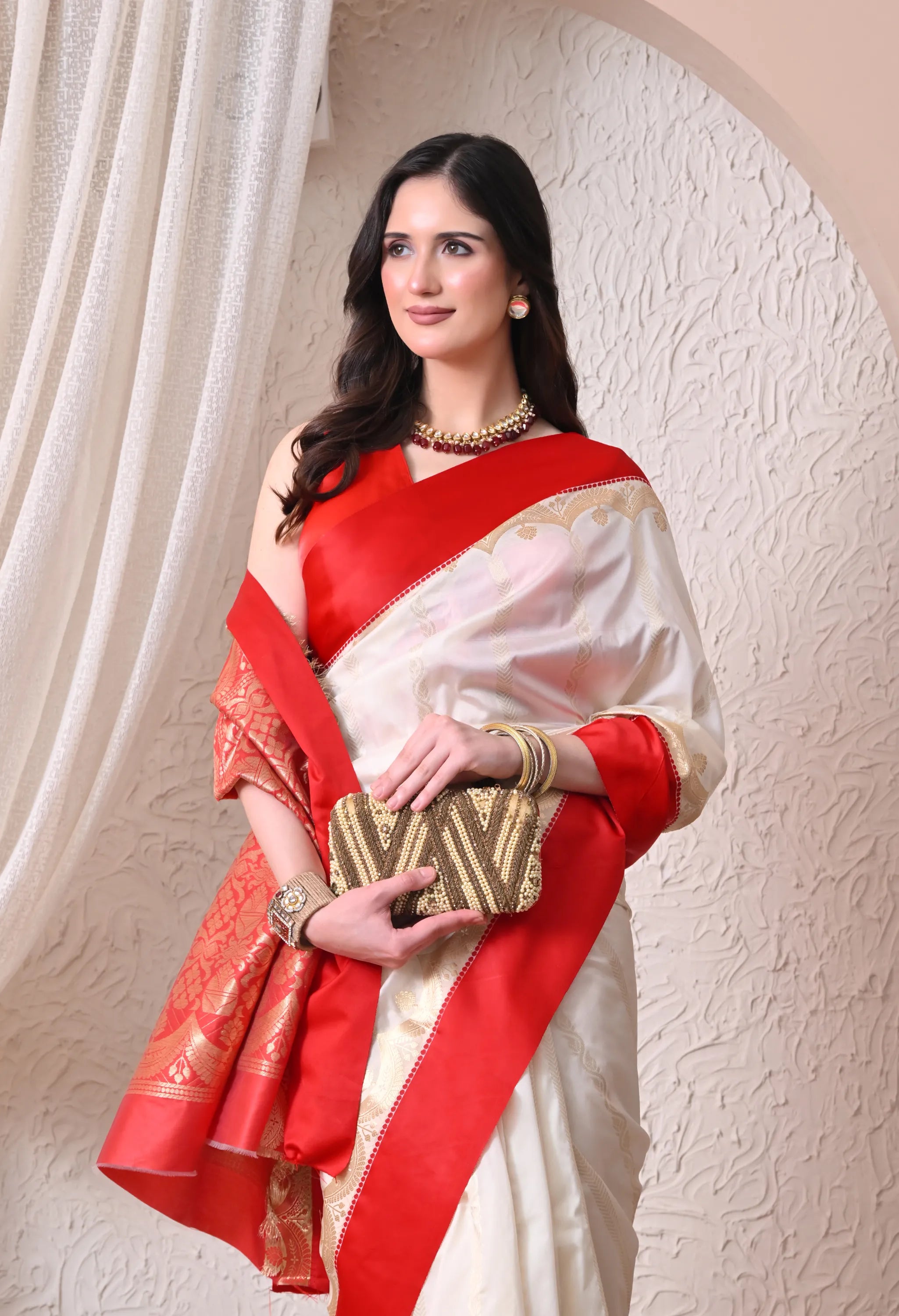 Festive Off-White and Crimson Red Silk Blend Saree