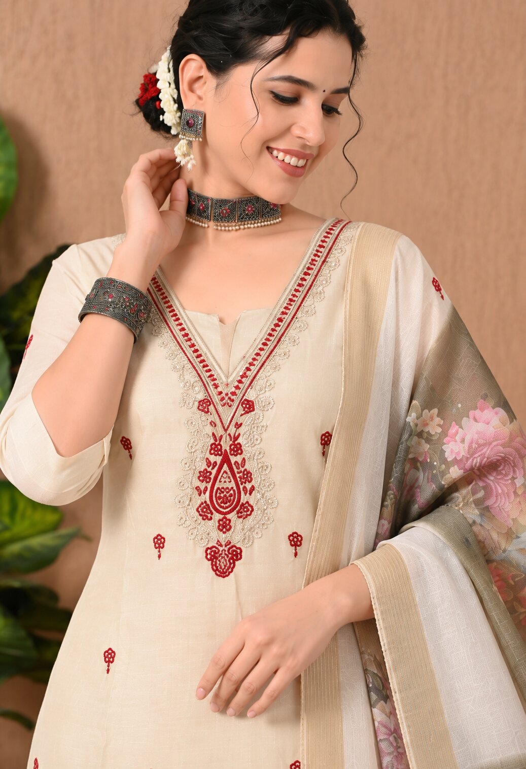 Cream Chanderi Silk Embroidered Suit Set with Floral Organza Dupatta for Women