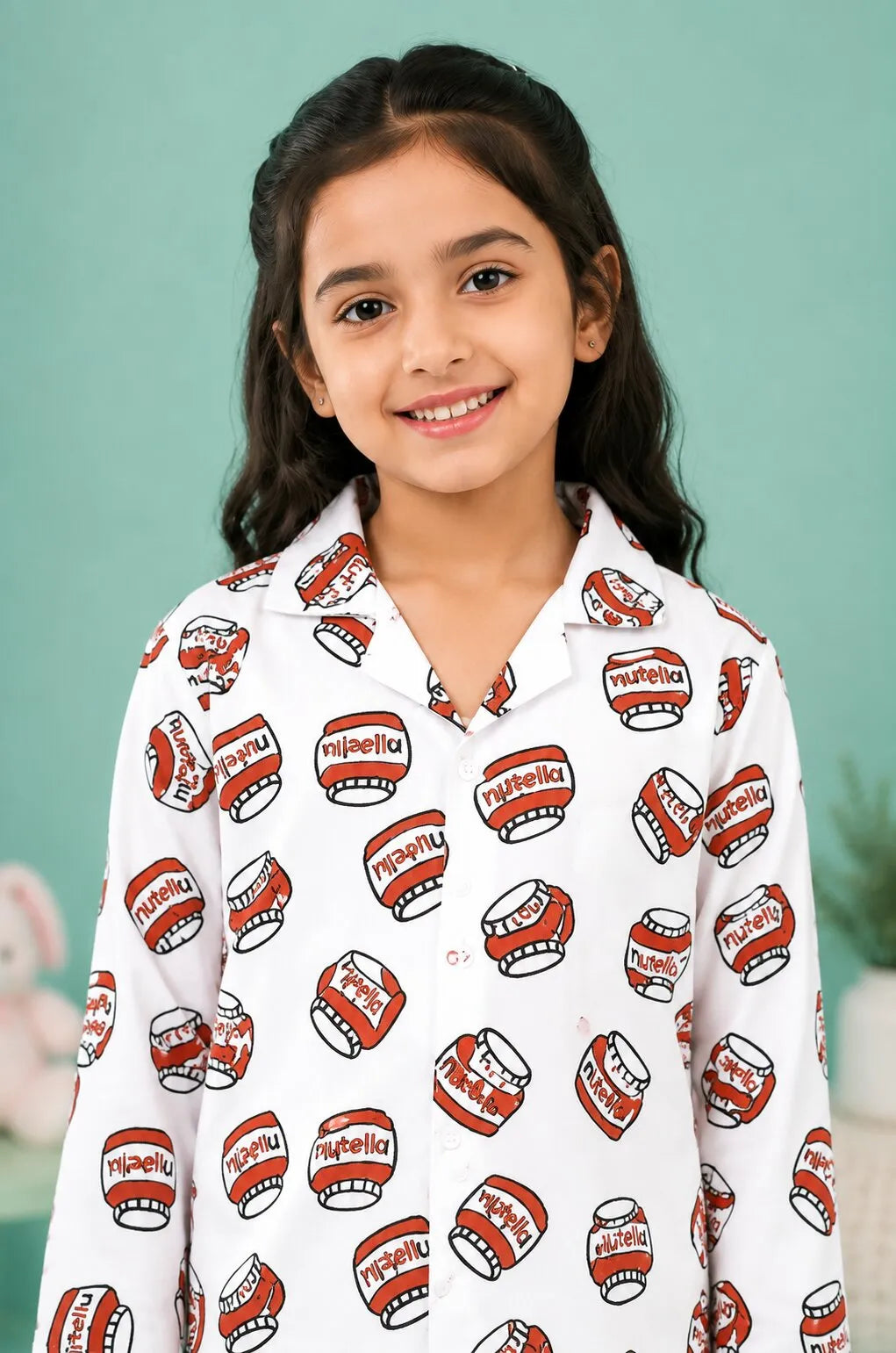 Girls Satin Nutella Print Night Suit – White & Red