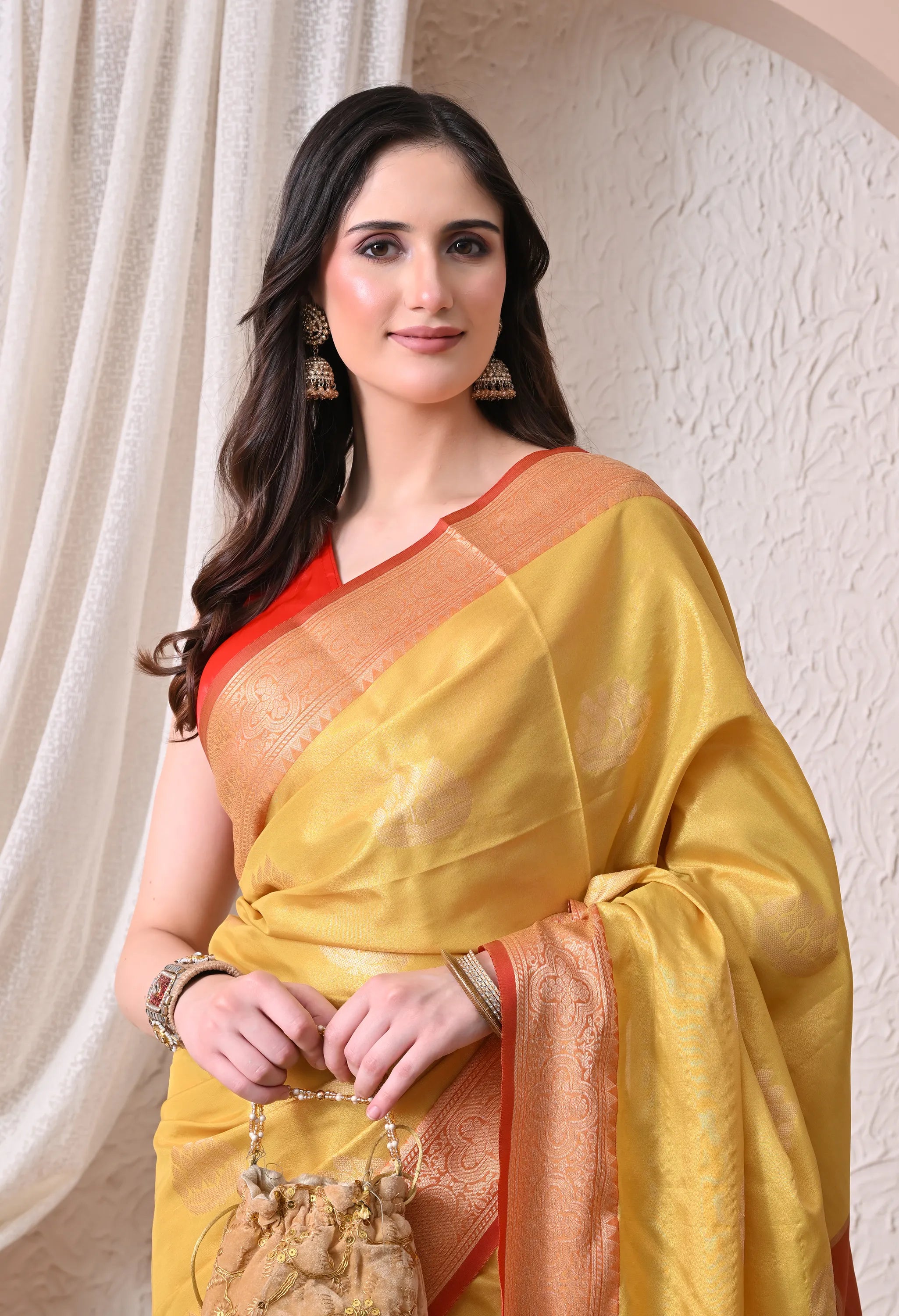 Mustard Yellow & Rust Red Silk Blend Banarasi Saree with Lotus Butis