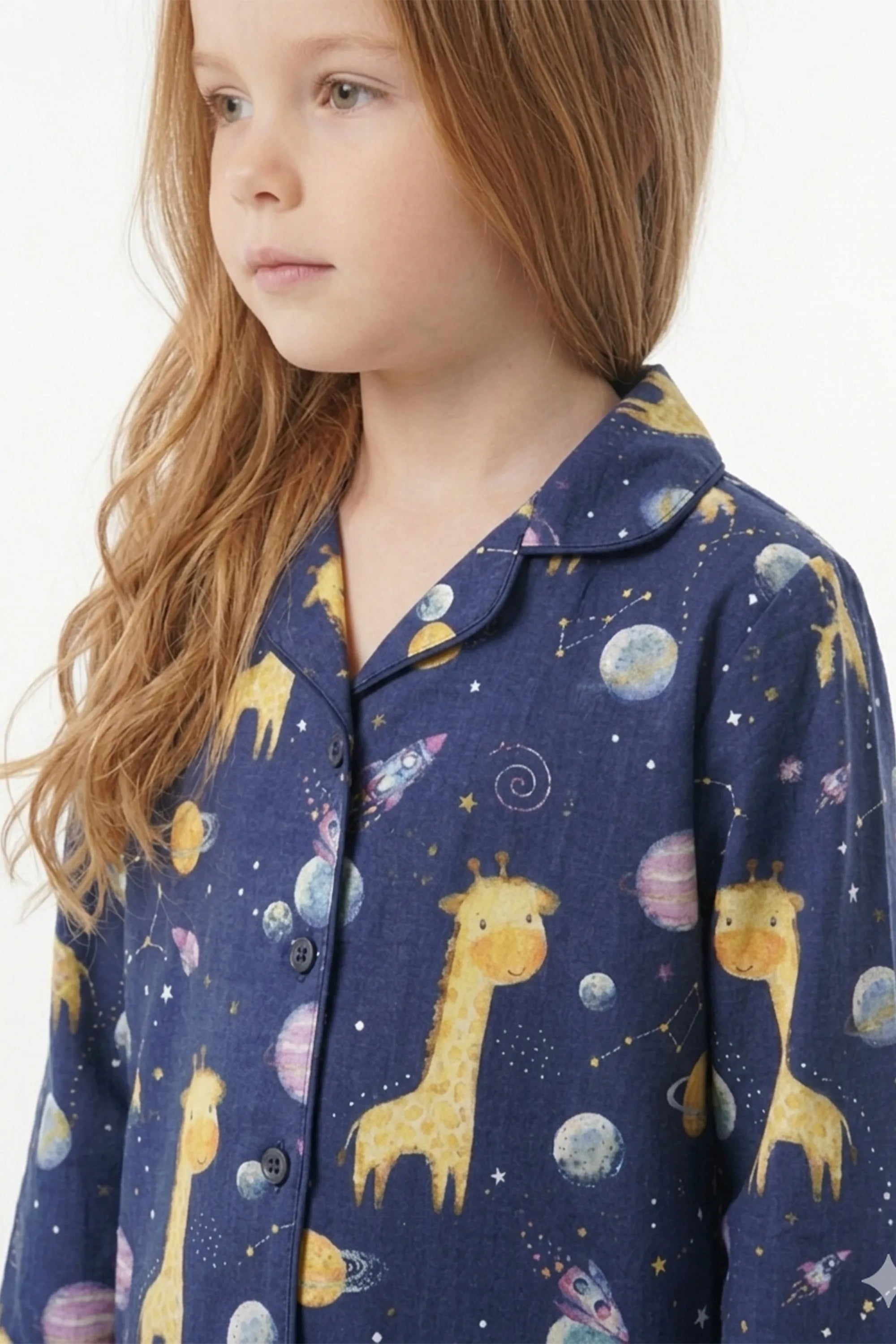 Kids Girls Navy Blue & Yellow Giraffes in Space Printed Night Suit