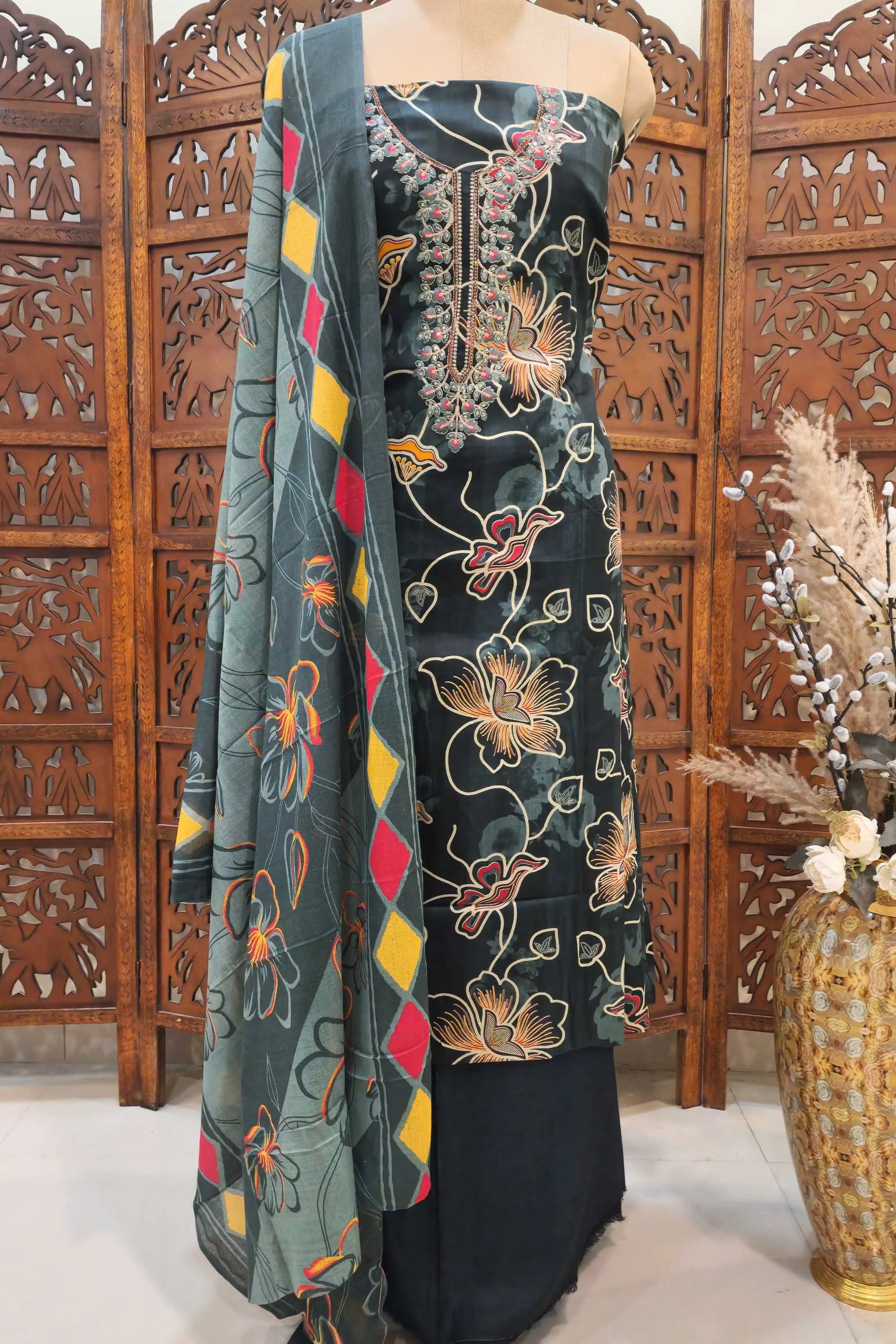 Women Dark Green & Yellow Floral Printed Pure Cotton Unstitched Dress Material with Embroidered Neckline