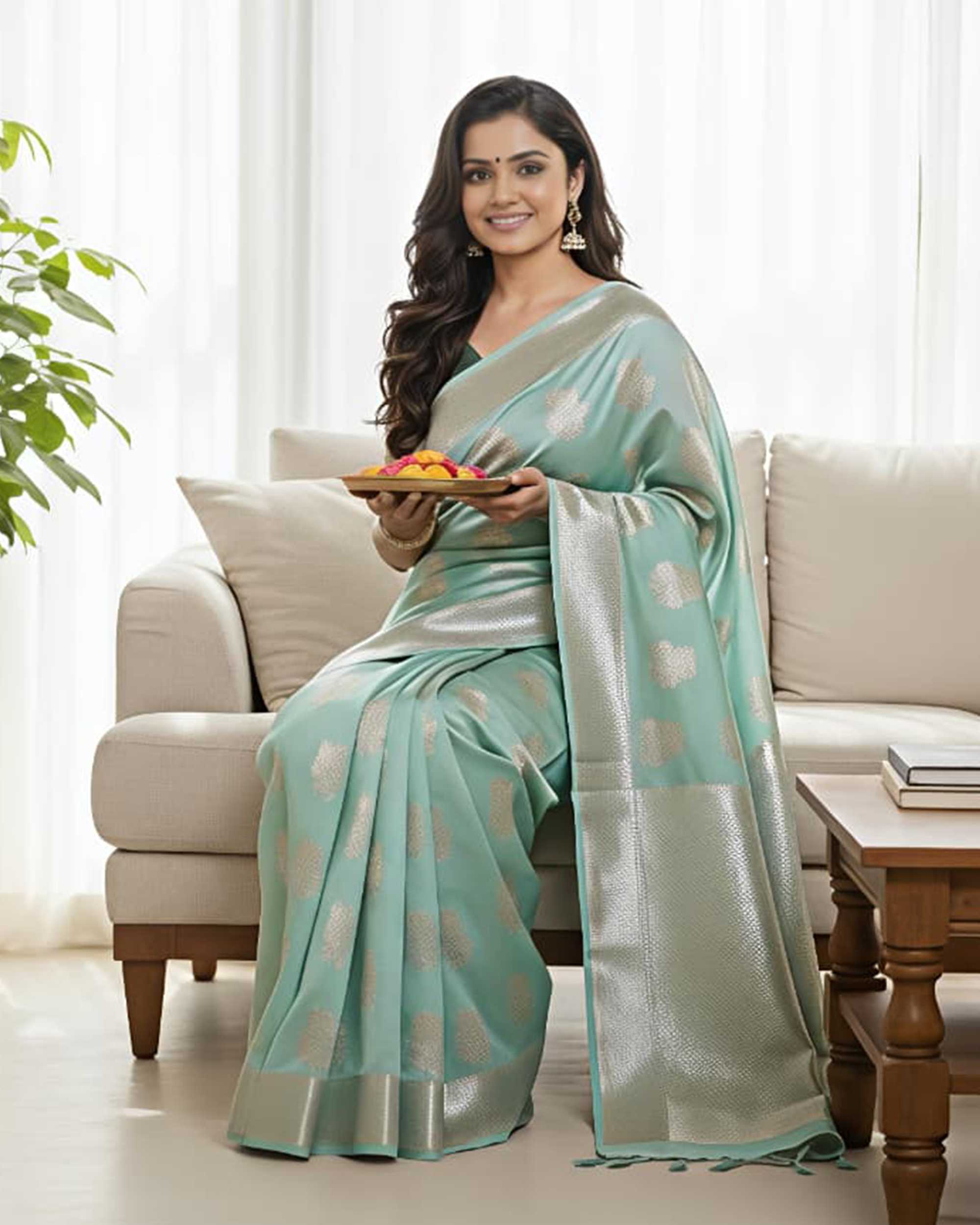 Sea Green & Silver-Toned Woven Design Banarasi Silk Saree with Blouse Piece