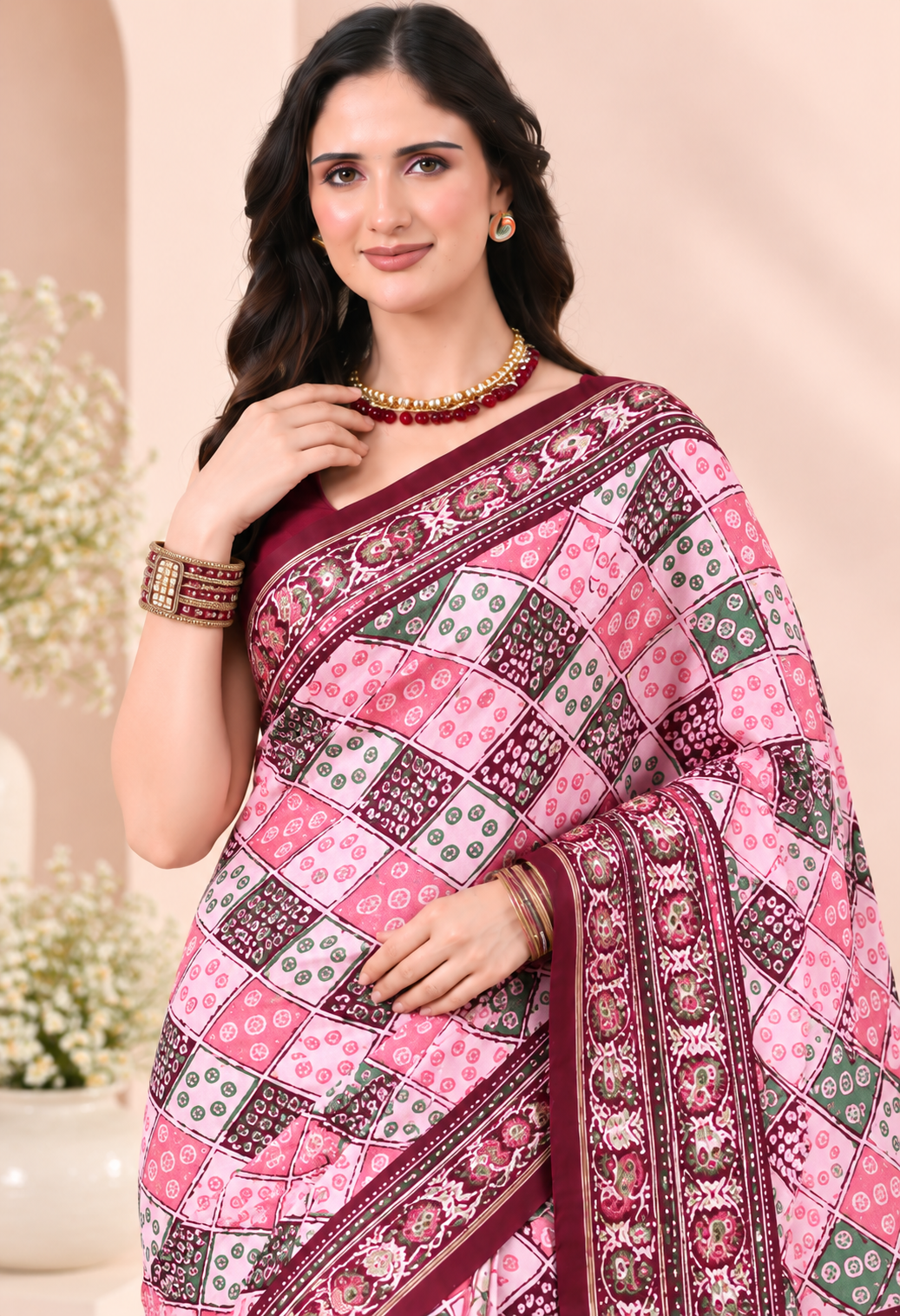 Elegant Pink Printed Saree with Geometric Floral Patterns & Rich Maroon Border