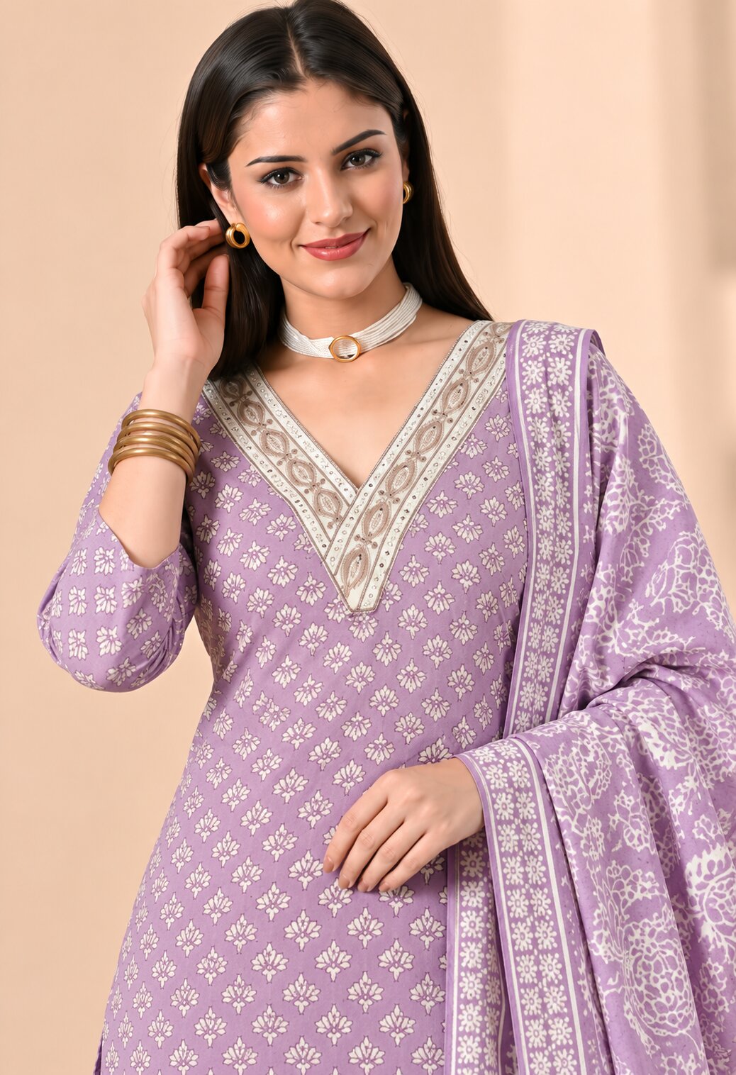 Lavender Cotton Printed Suit Set with Matching Cotton Dupatta
