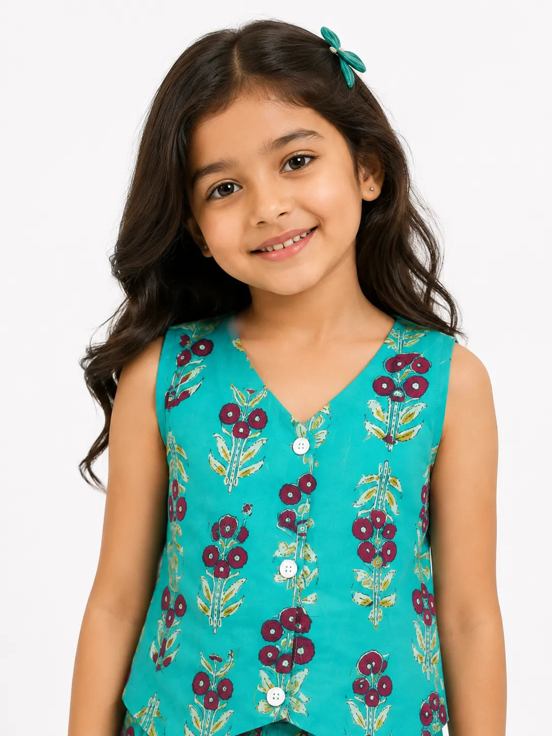 Girls Turquoise Blue Floral Printed Co-ord Set - Sleeveless Waistcoat Top & Wide-Leg Trousers