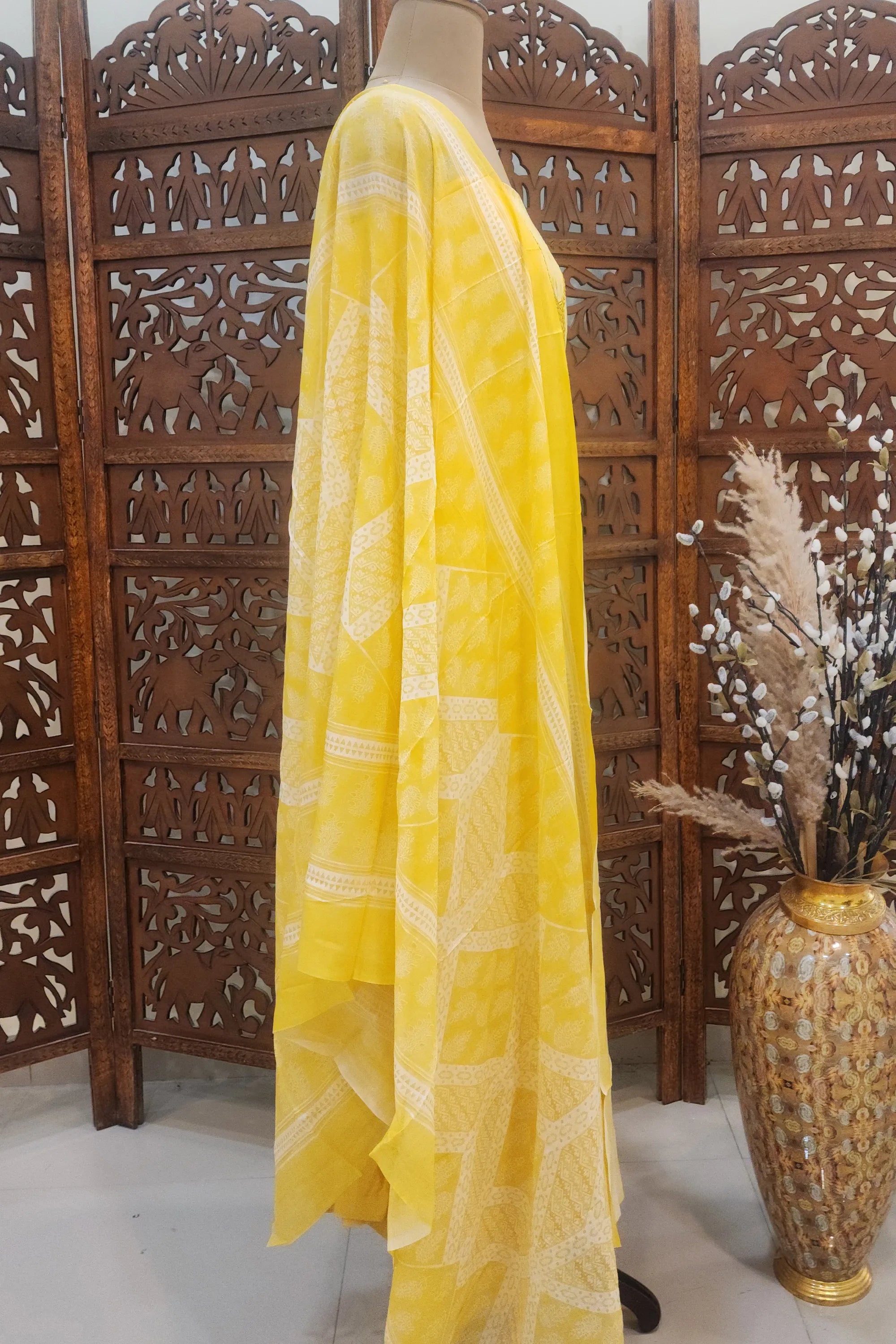 Yellow & White Bandhani Printed Pure Cotton Unstitched Dress Material with Embroidered Neckline