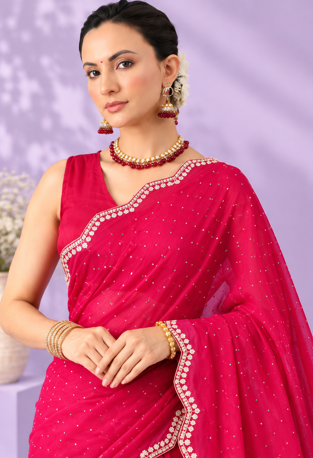 Elegant Rani Pink Saree with Dotted Pattern & Delicate Scalloped Border