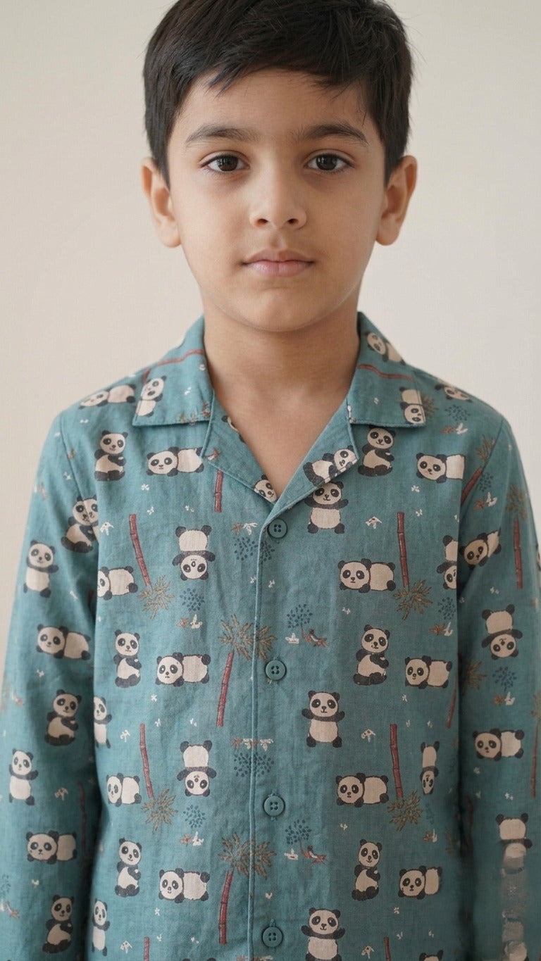 Kids Boys Blue Panda Printed Satin Night Suit