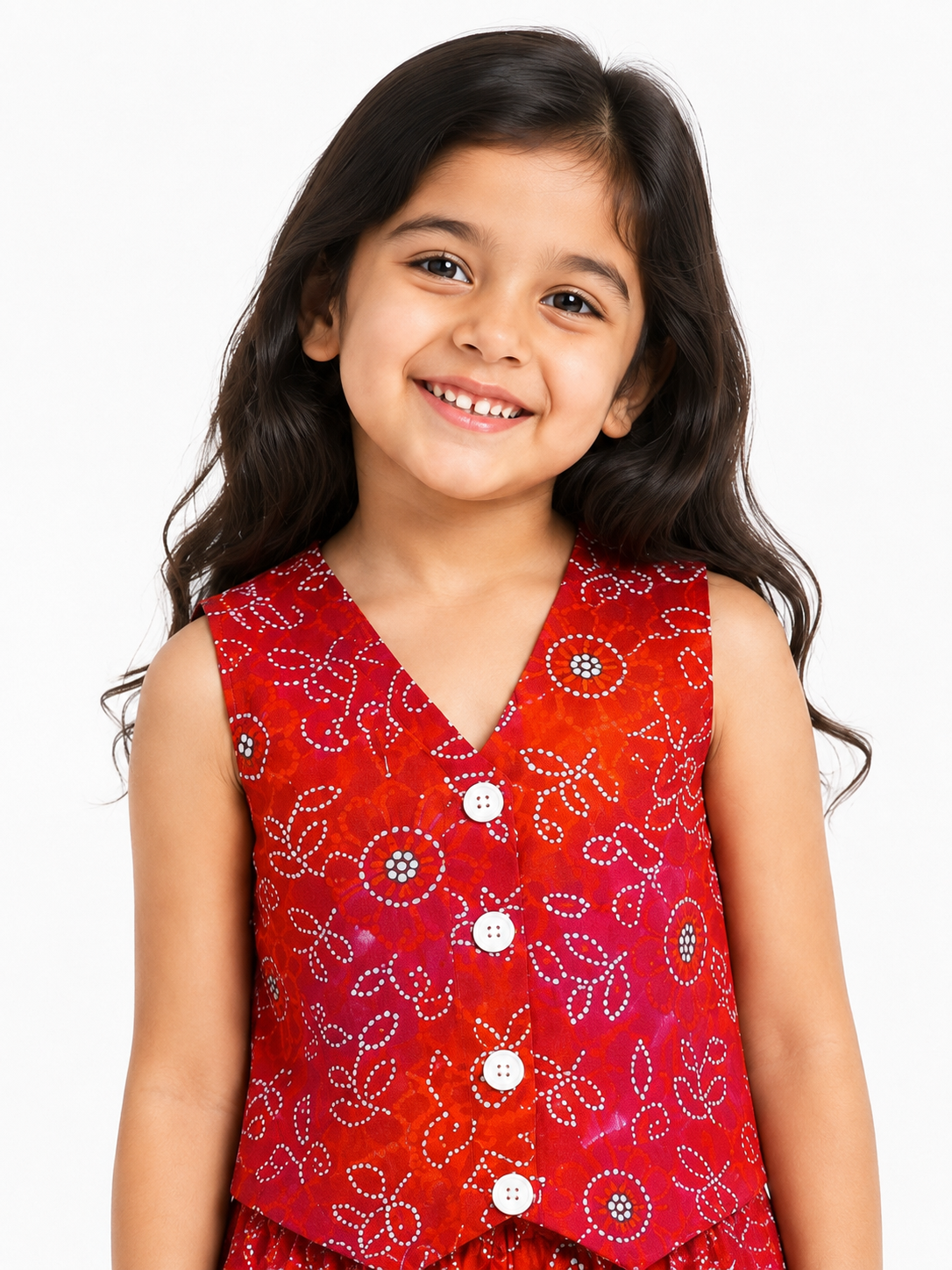 Girls Pure Cotton Bandhani Printed Vest Style Crop Top and Wide-Leg Trousers Co-Ord Set