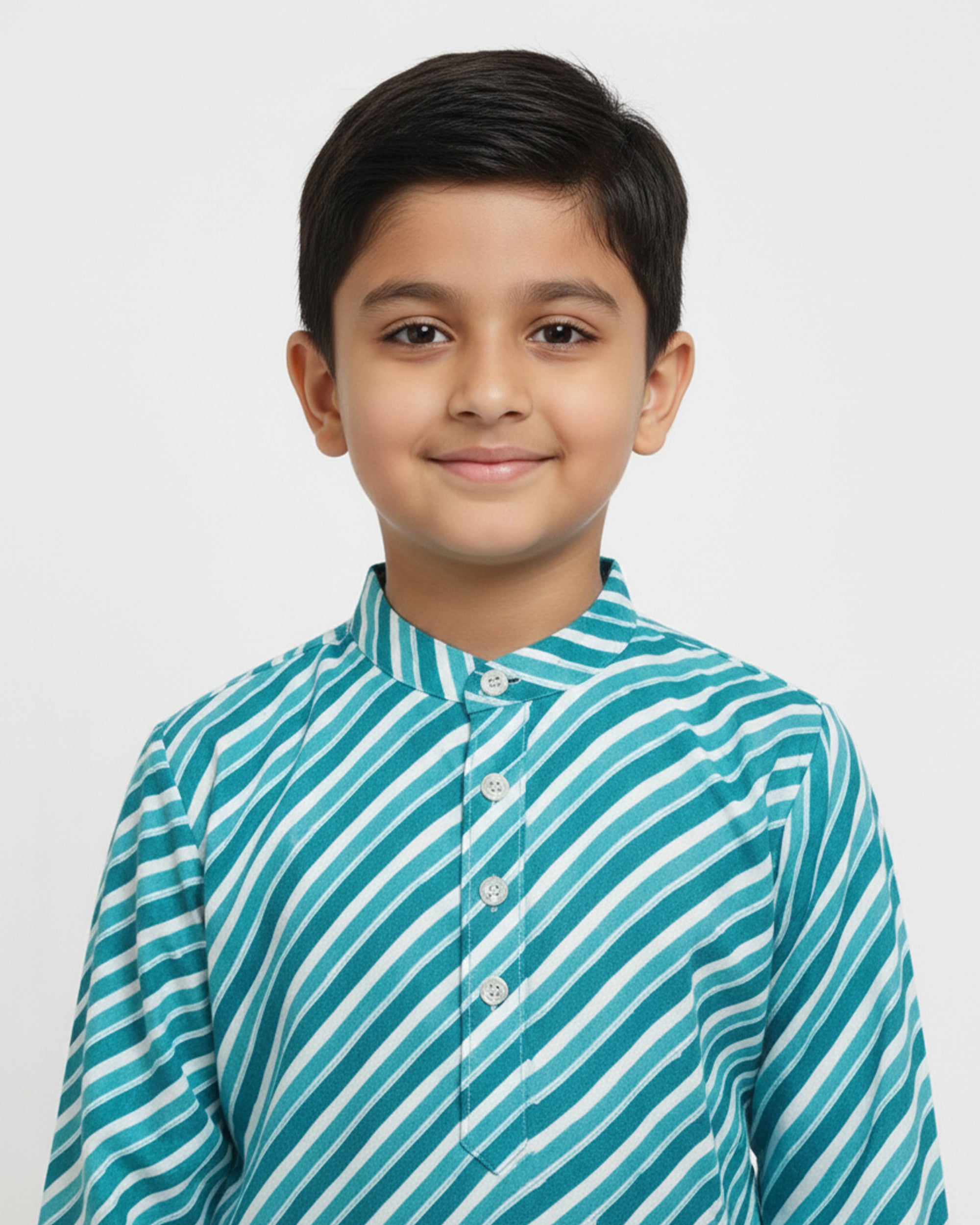 Boys Teal Blue & White Leheriya Printed Pure Cotton Kurta with Pyjamas