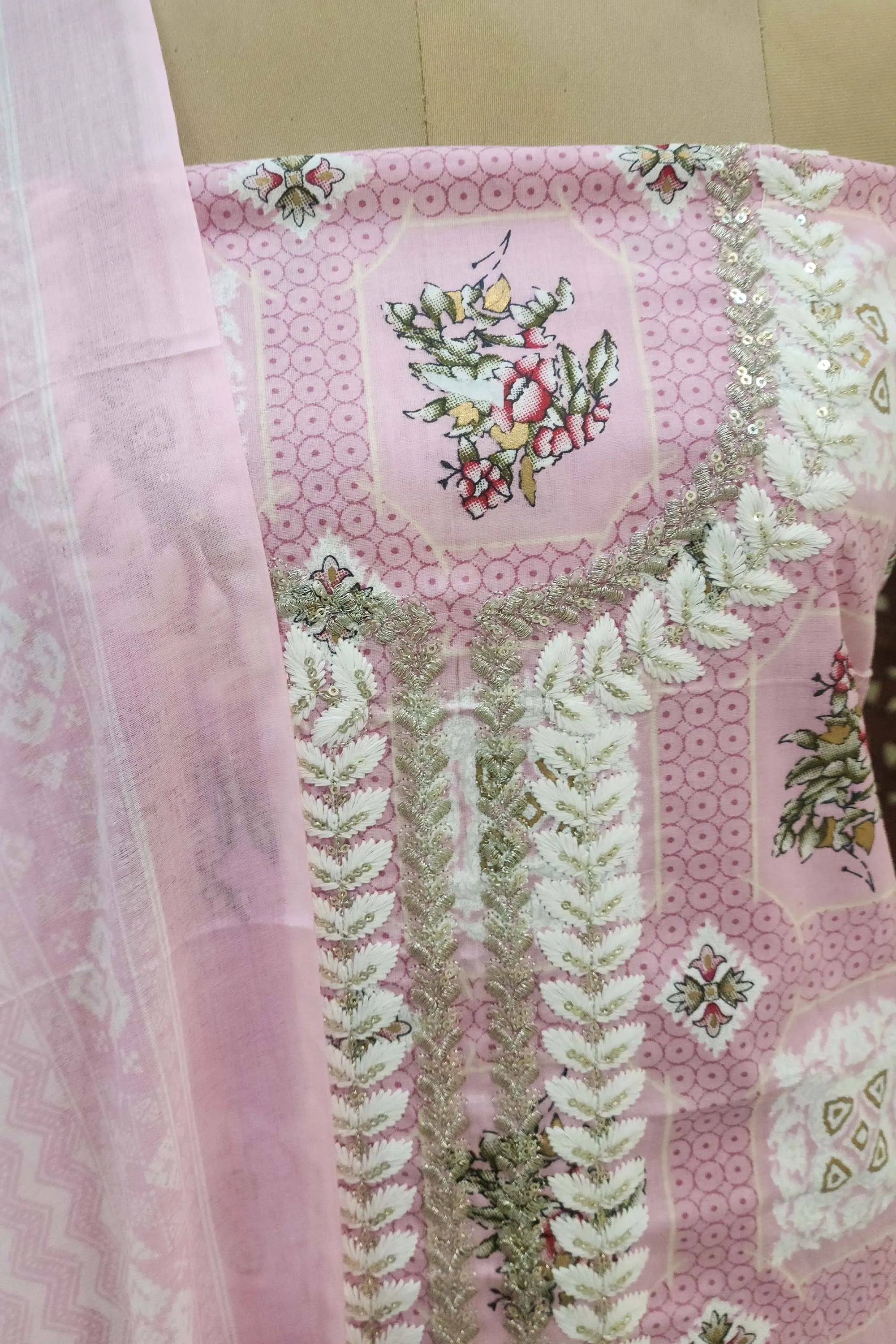 Pink & White Floral Printed Unstitched Pure Cotton Dress Material with Dupatta