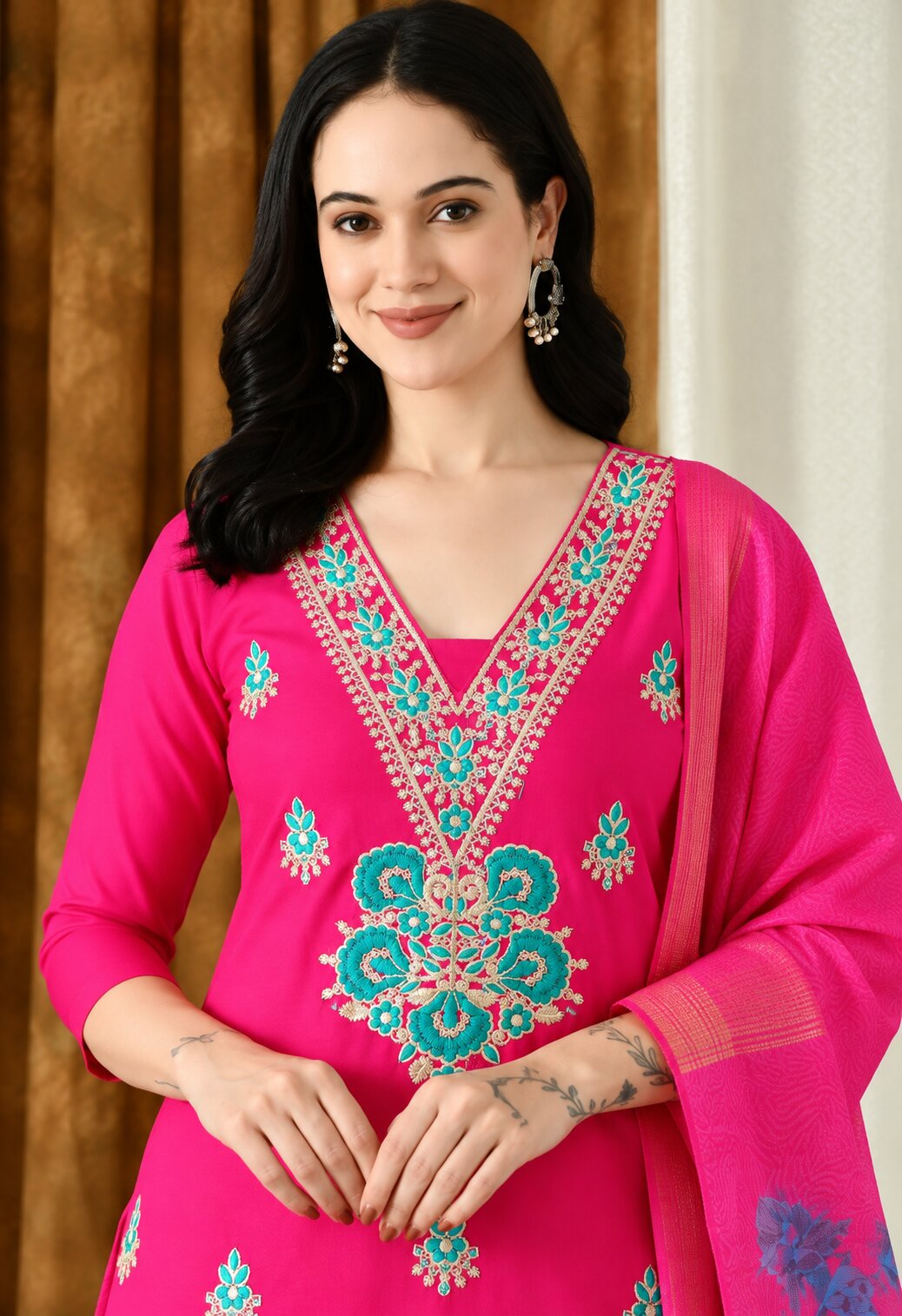 Rani Pink Chanderi Silk Embroidered Suit Set with Blue Floral Organza Dupatta for Women