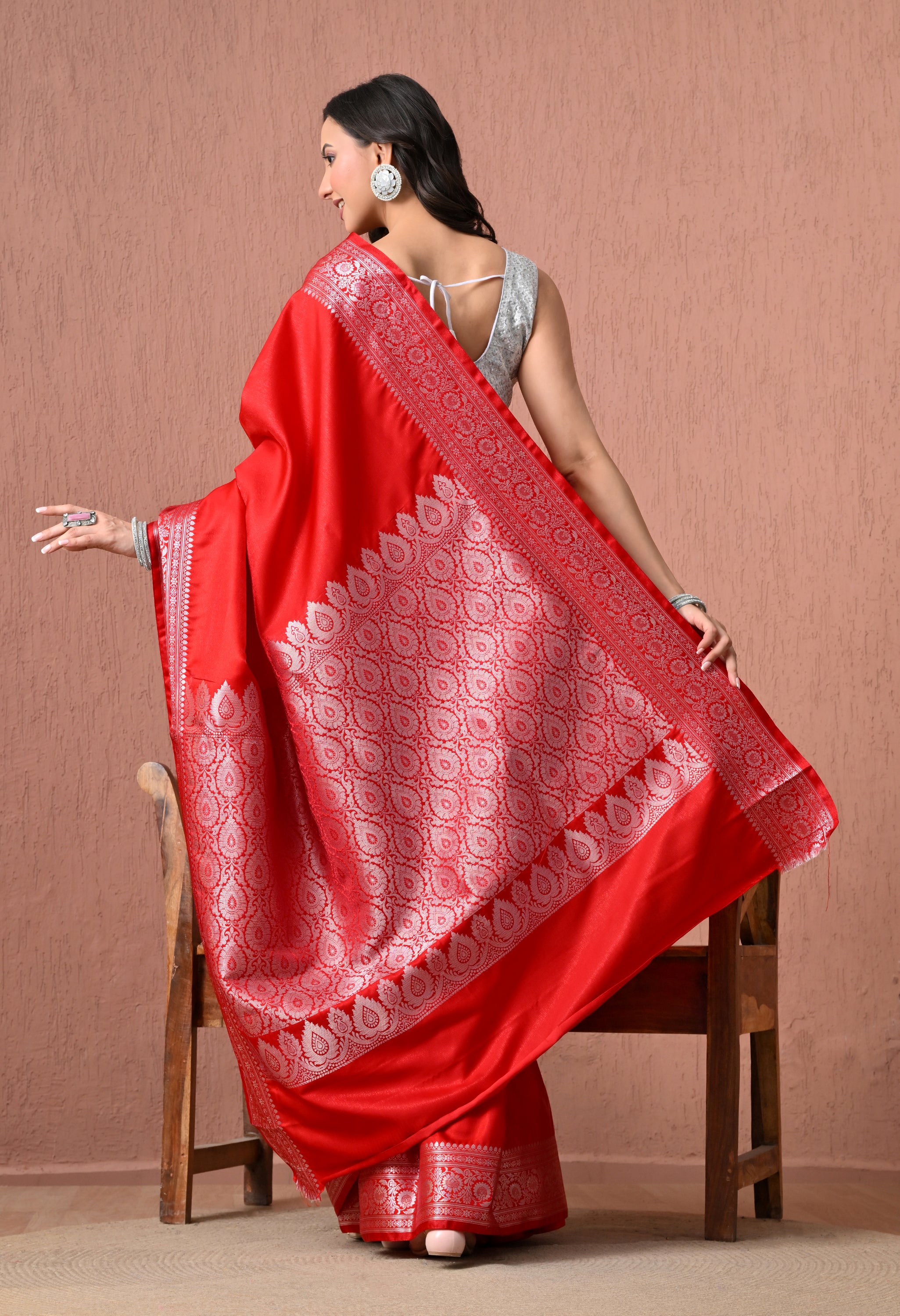 Radiant Crimson Red Pure Silk Banarasi Saree with Ornate Silver Zari Pallu