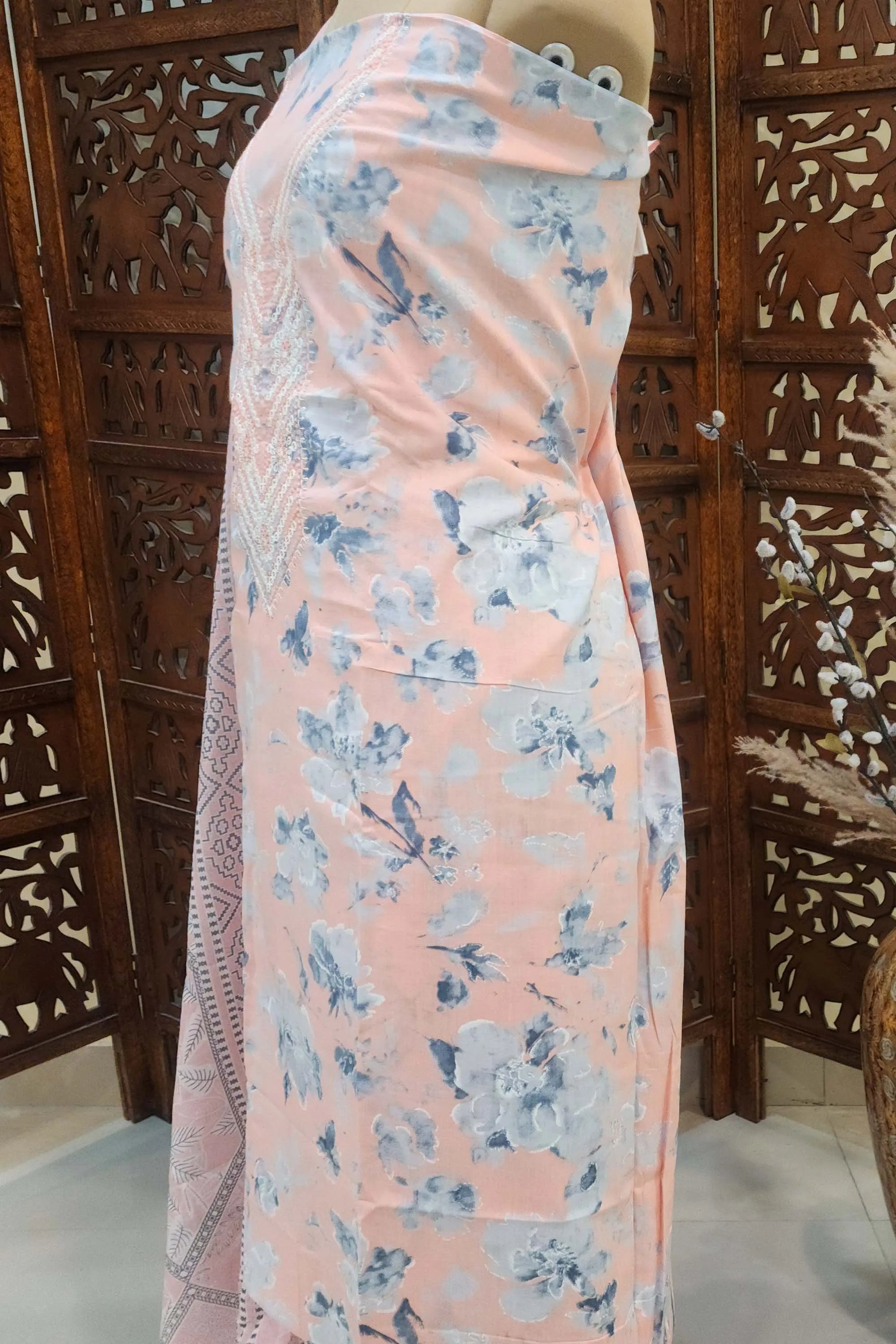 Women Peach & Blue Floral Printed Unstitched Cotton Dress Material with Sequined Embroidery